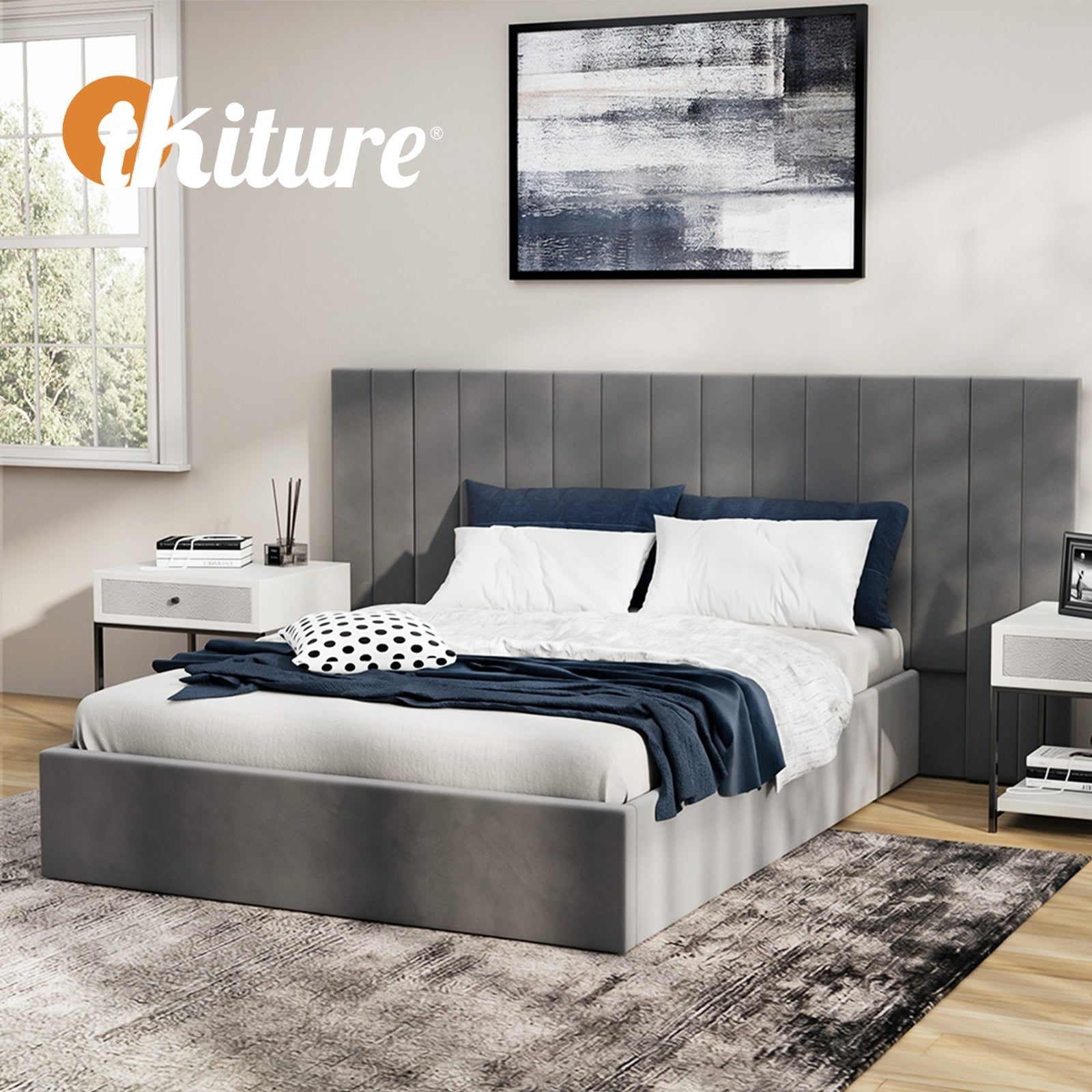 Oikiture Bed Frame Double Size Gas Lift Storage Base Oversized Headboard Velvet - Sunyee