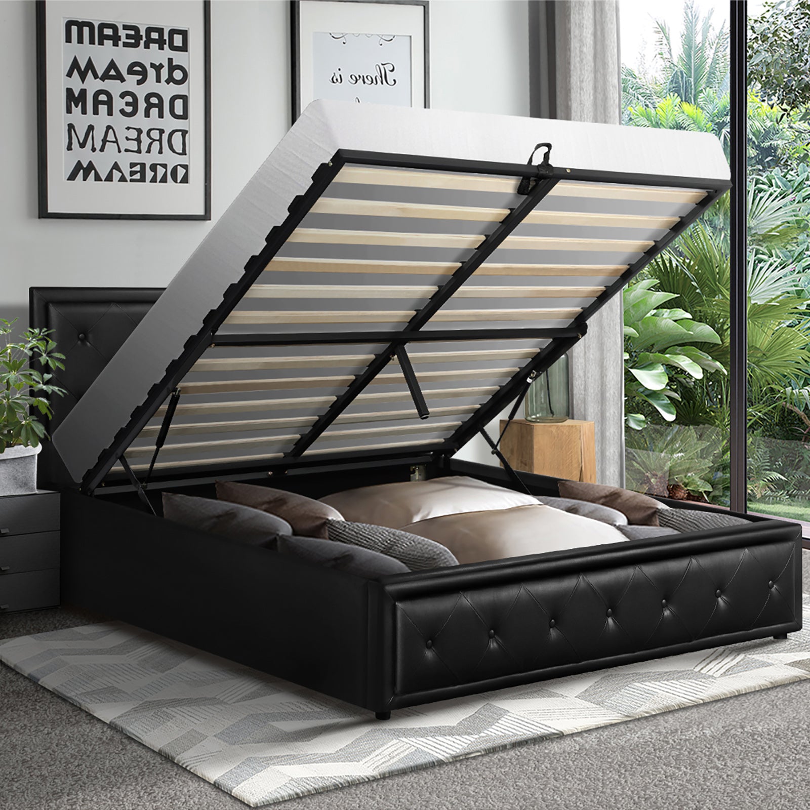Oikiture Bed Frame Double Size Gas Lift Base With Storage Black Leather - Sunyee