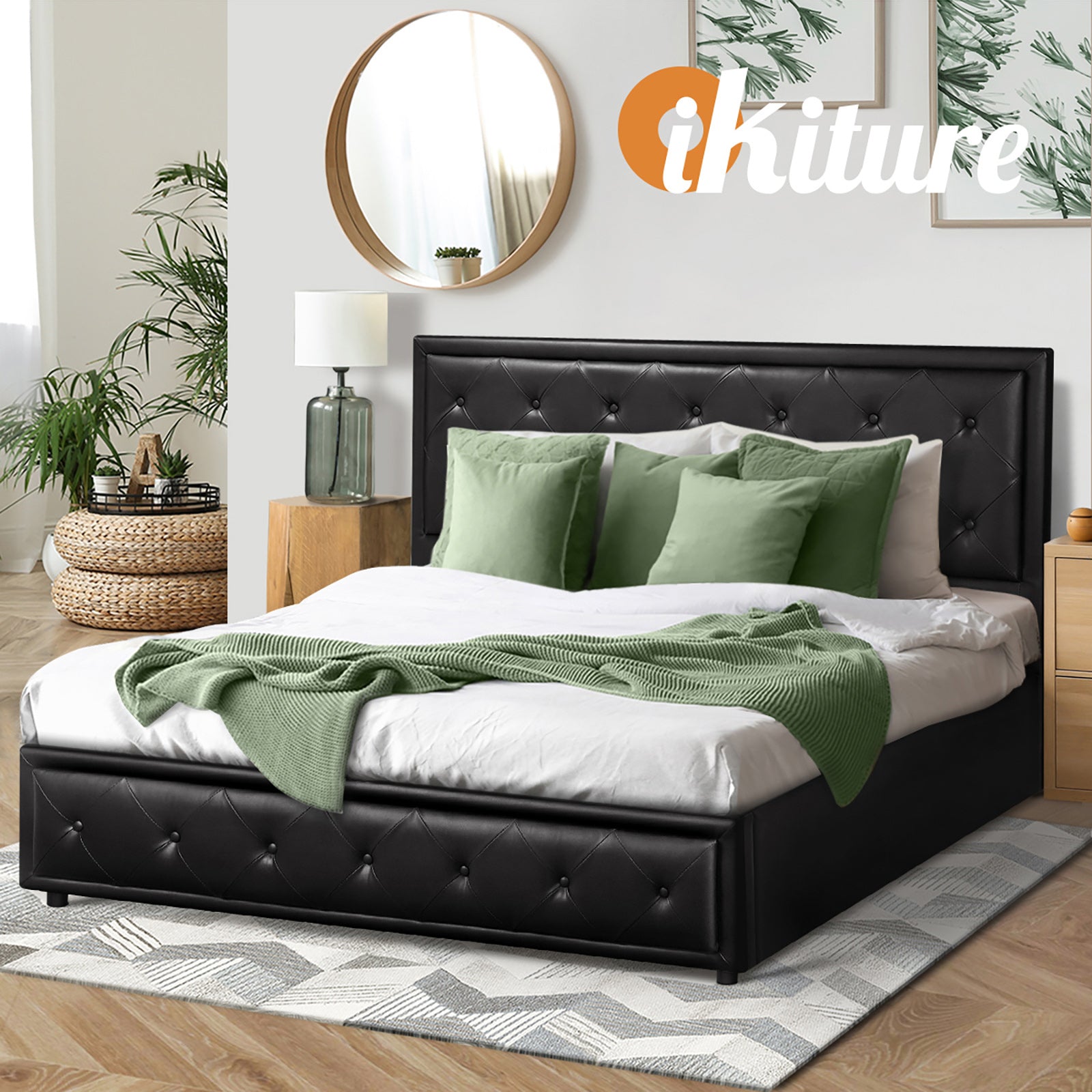 Oikiture Bed Frame Double Size Gas Lift Base With Storage Black Leather - Sunyee