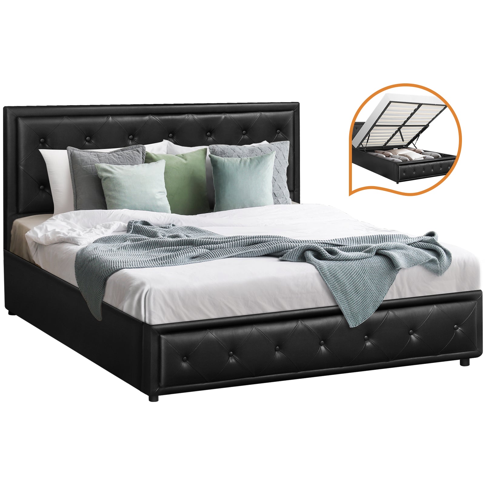 Oikiture Bed Frame Double Size Gas Lift Base With Storage Black Leather - Sunyee