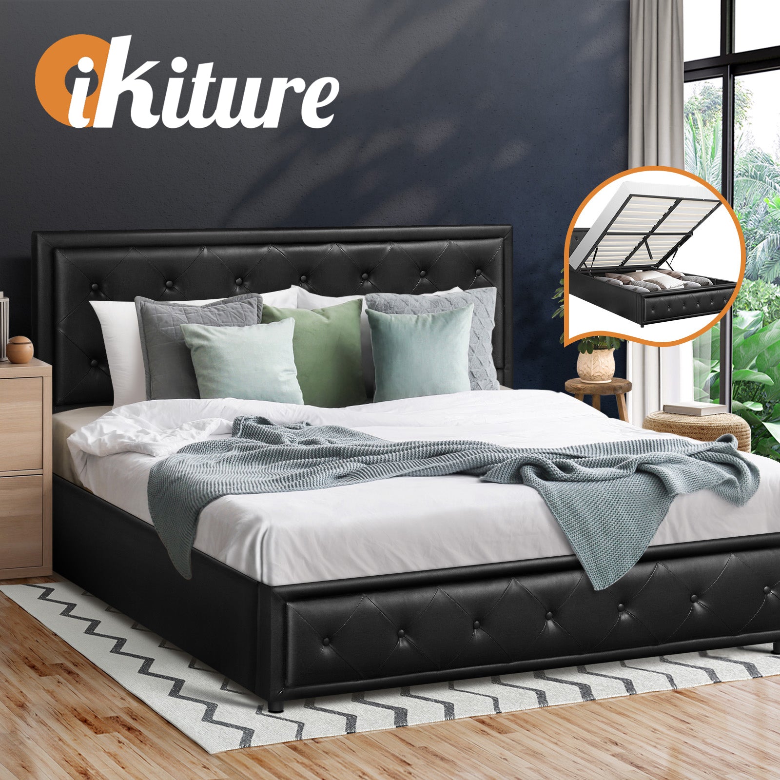 Oikiture Bed Frame Double Size Gas Lift Base With Storage Black Leather - Sunyee