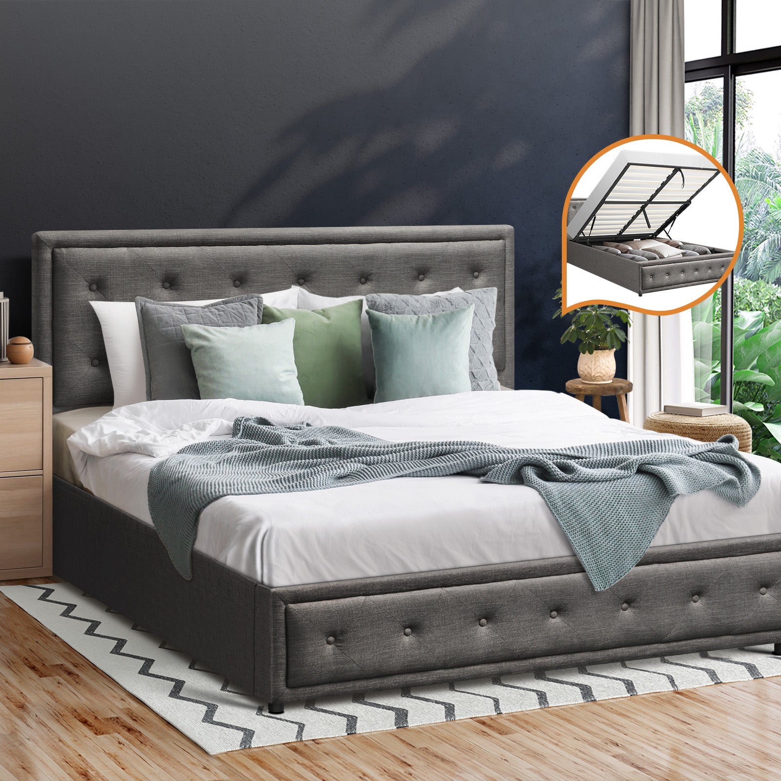 Oikiture Bed Frame Double Size Gas Lift Base With Storage Grey Fabric - Sunyee