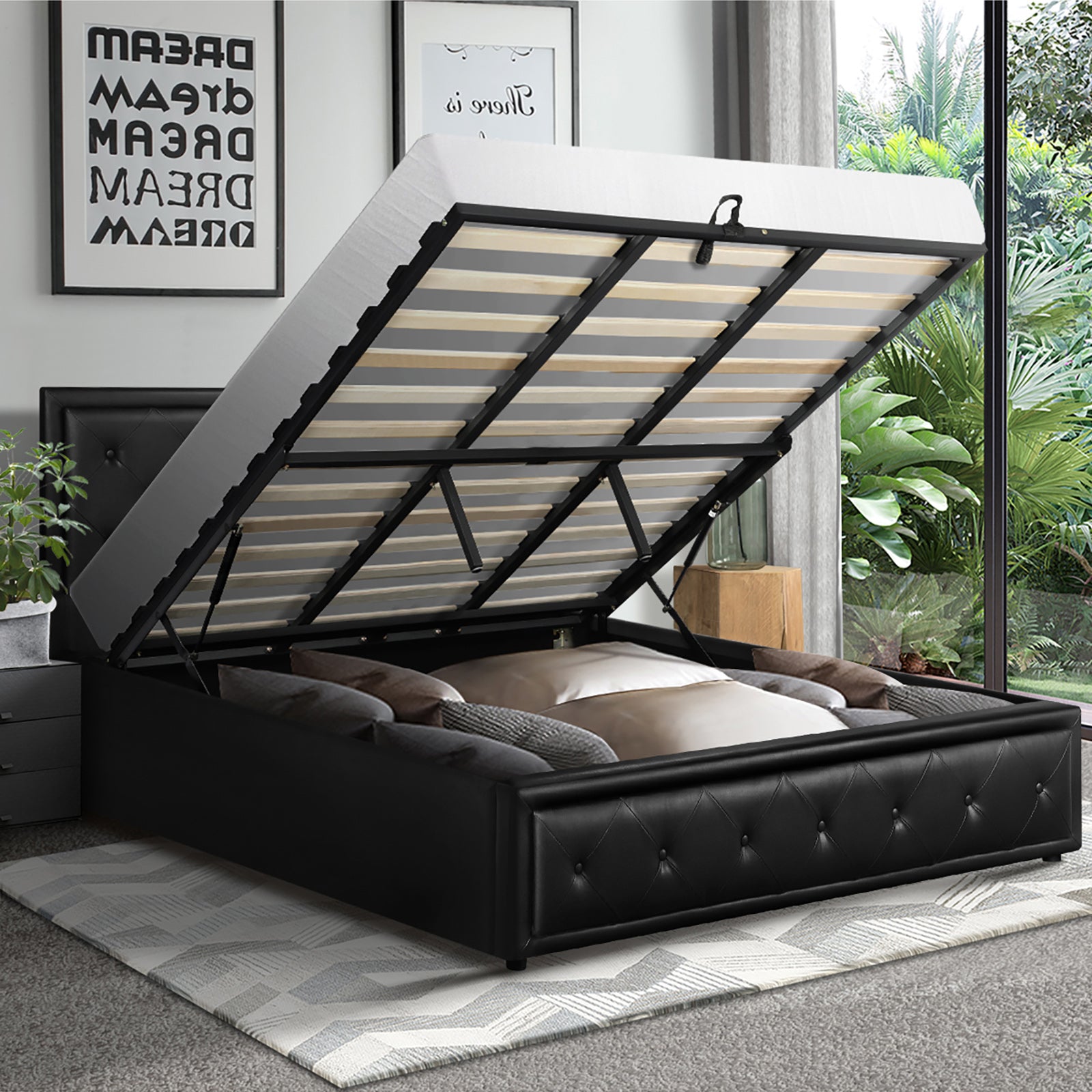 Oikiture Bed Frame King Size Gas Lift Base With Storage Black Leather - Sunyee