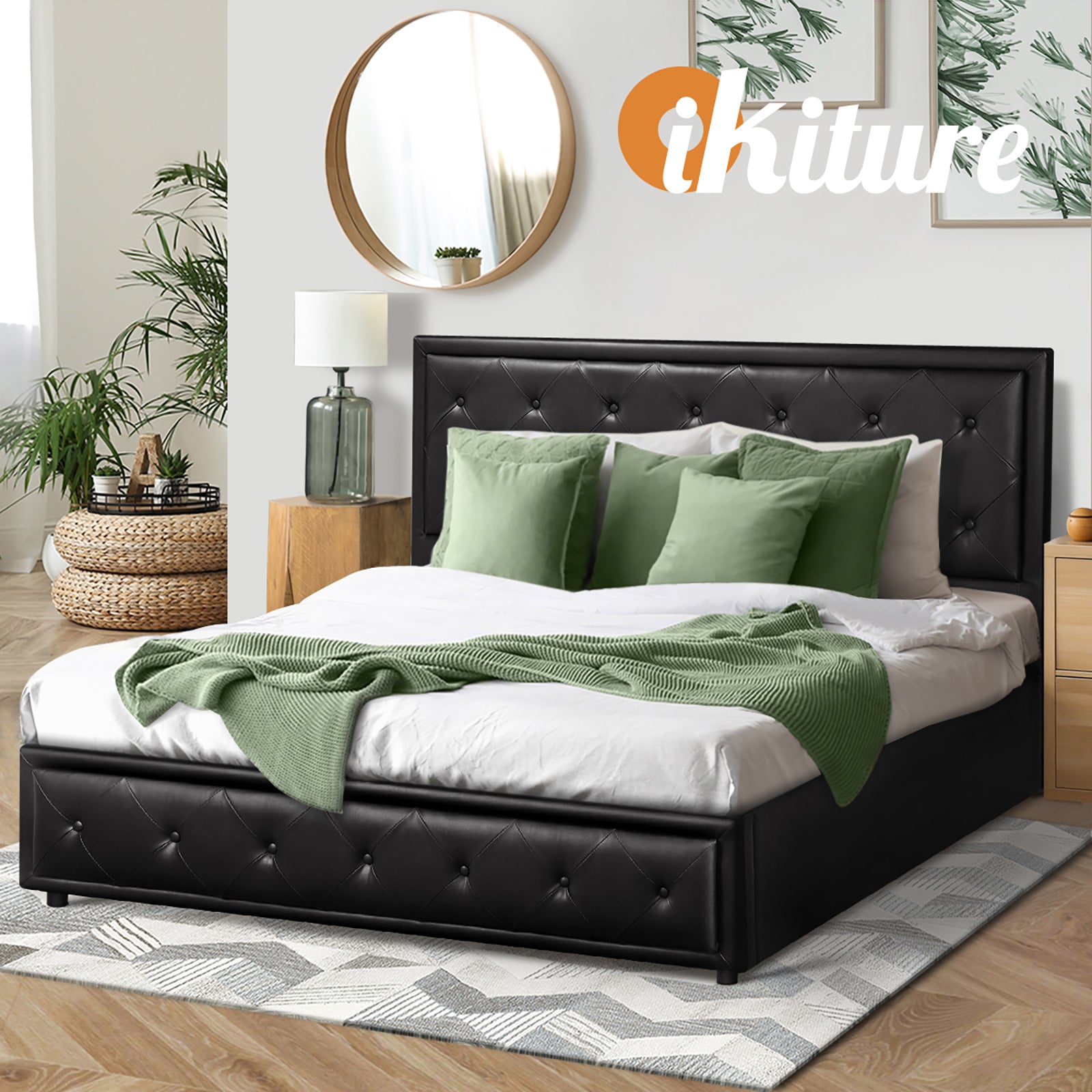 Oikiture Bed Frame King Size Gas Lift Base With Storage Black Leather - Sunyee