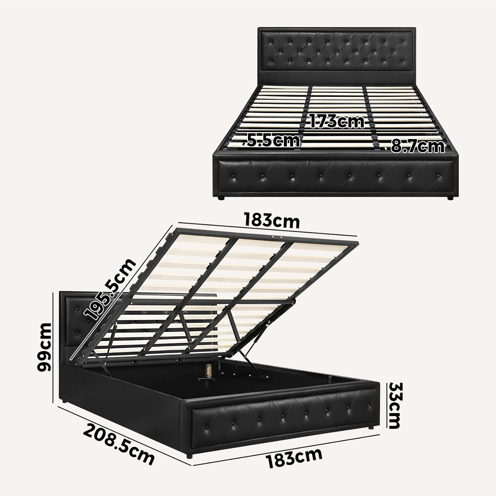 Oikiture Bed Frame King Size Gas Lift Base With Storage Black Leather - Sunyee