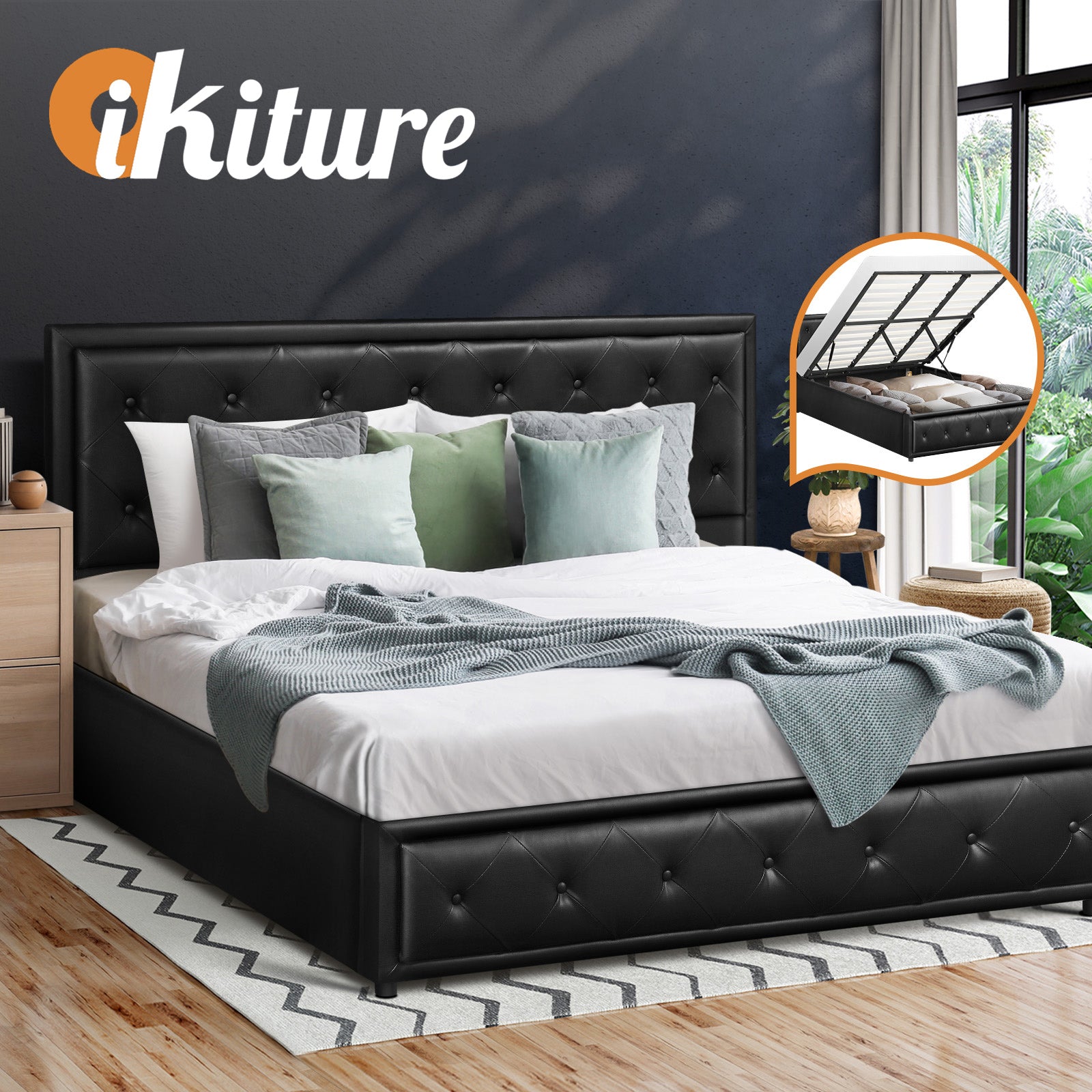 Oikiture Bed Frame King Size Gas Lift Base With Storage Black Leather - Sunyee