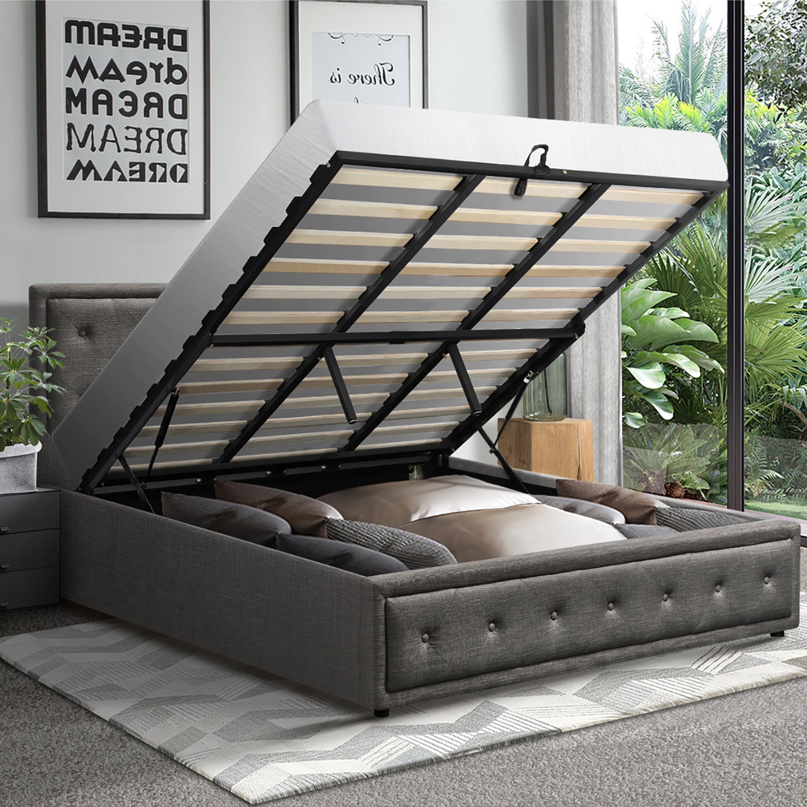 Oikiture Bed Frame King Size Gas Lift Base With Storage Grey Fabric - Sunyee