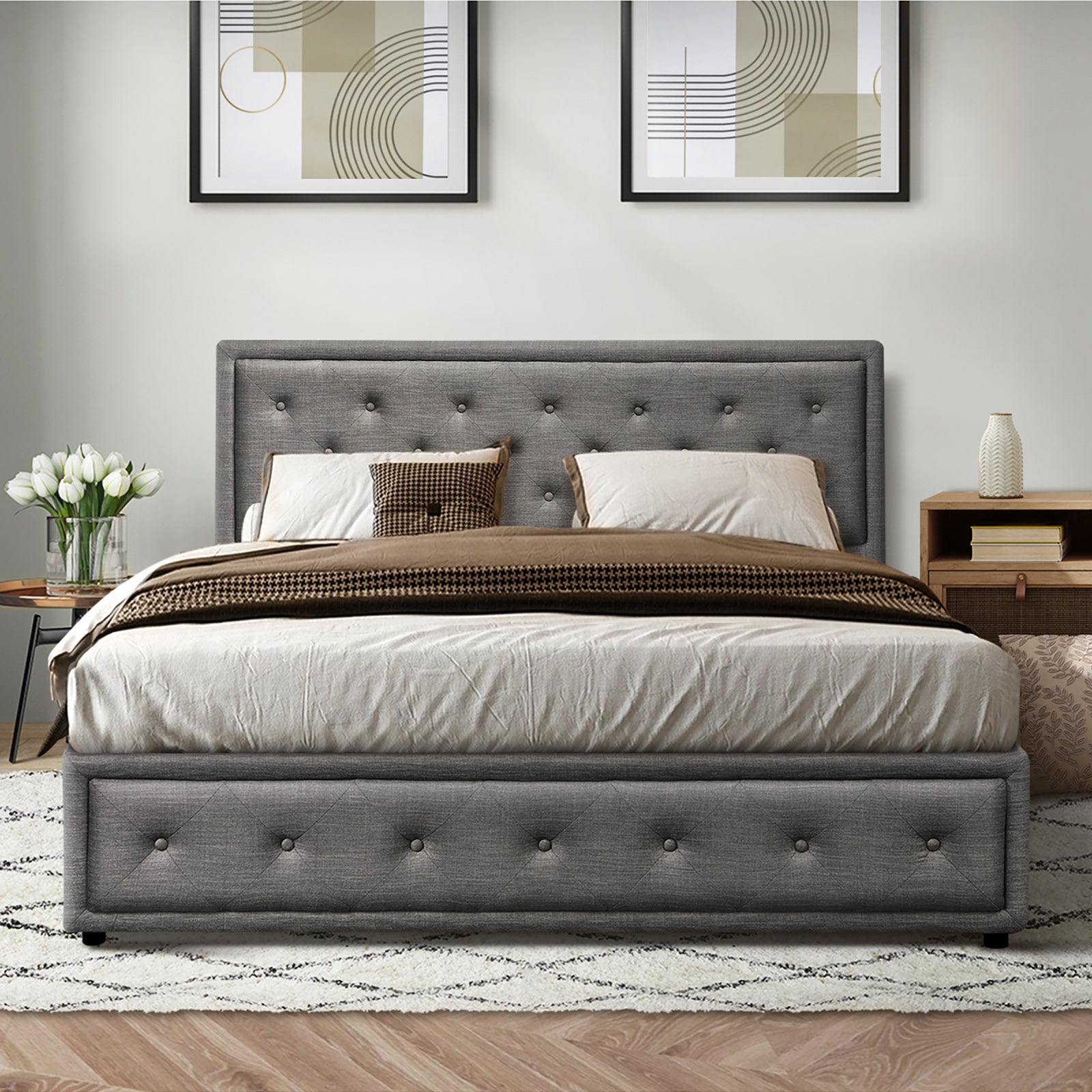 Oikiture Bed Frame King Size Gas Lift Base With Storage Grey Fabric - Sunyee