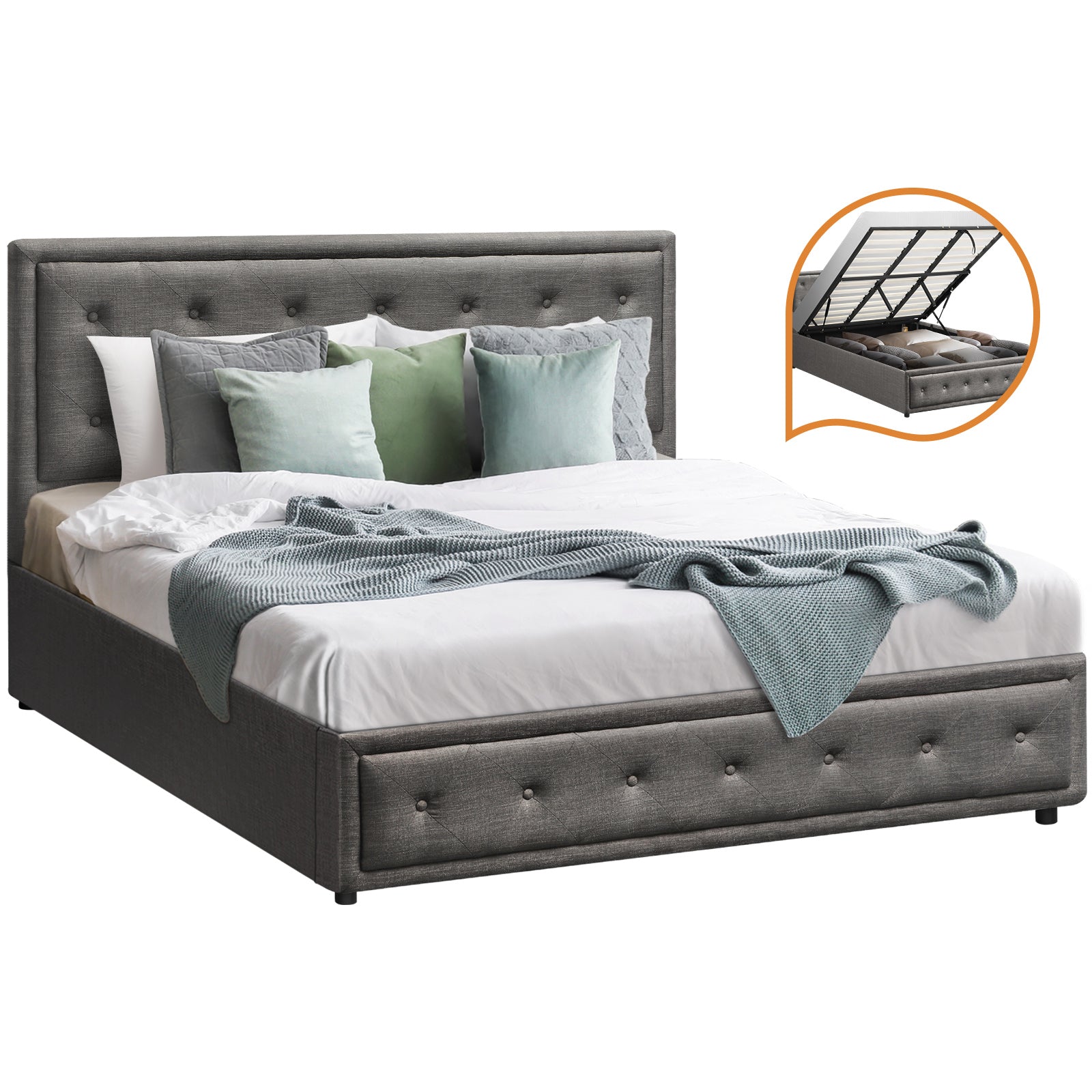 Oikiture Bed Frame King Size Gas Lift Base With Storage Grey Fabric - Sunyee