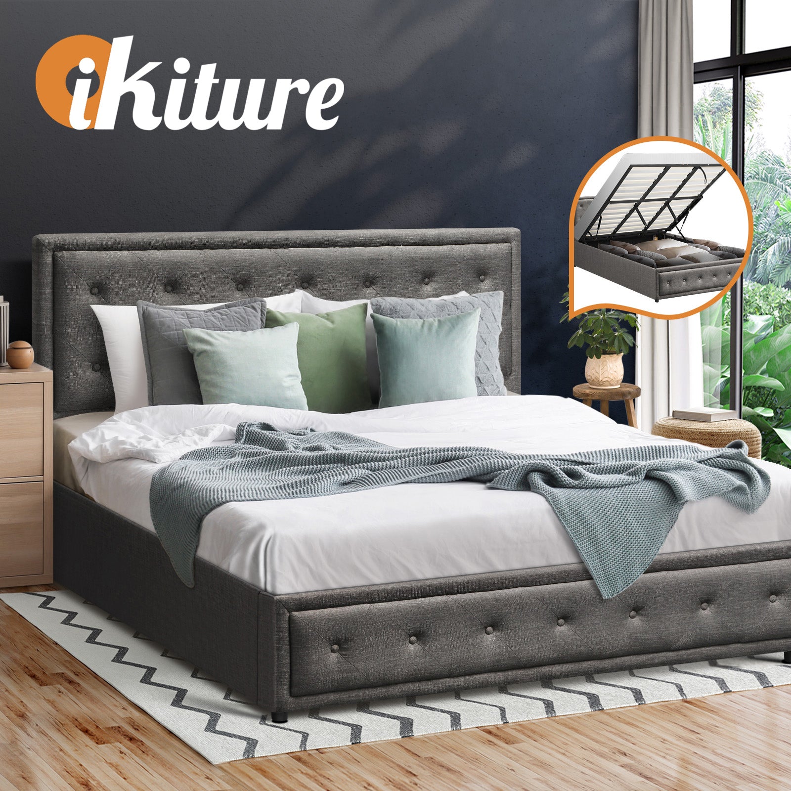 Oikiture Bed Frame King Size Gas Lift Base With Storage Grey Fabric - Sunyee