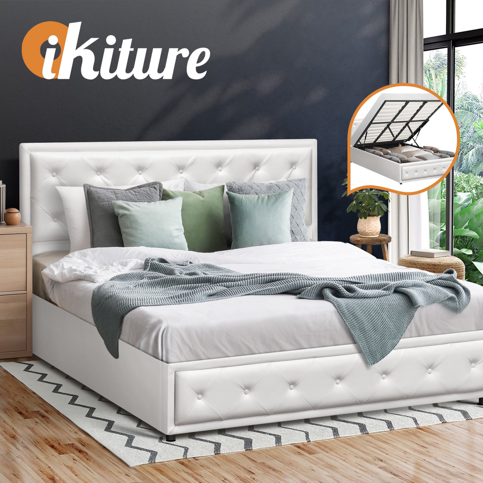 Oikiture Bed Frame King Size Gas Lift Base With Storage White Leather - Sunyee