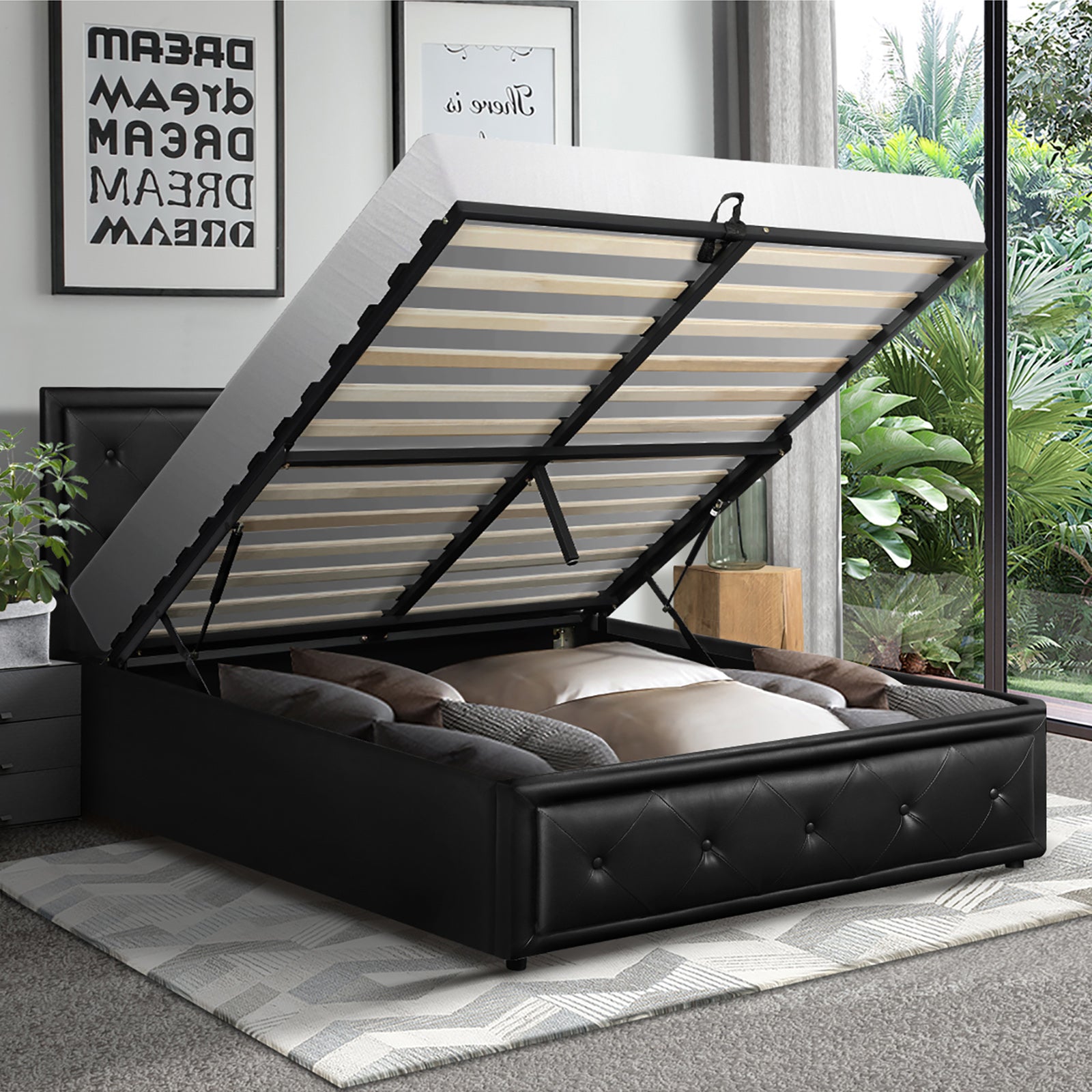 Oikiture Bed Frame King Single Size Gas Lift Base With Storage Black Leather - Sunyee