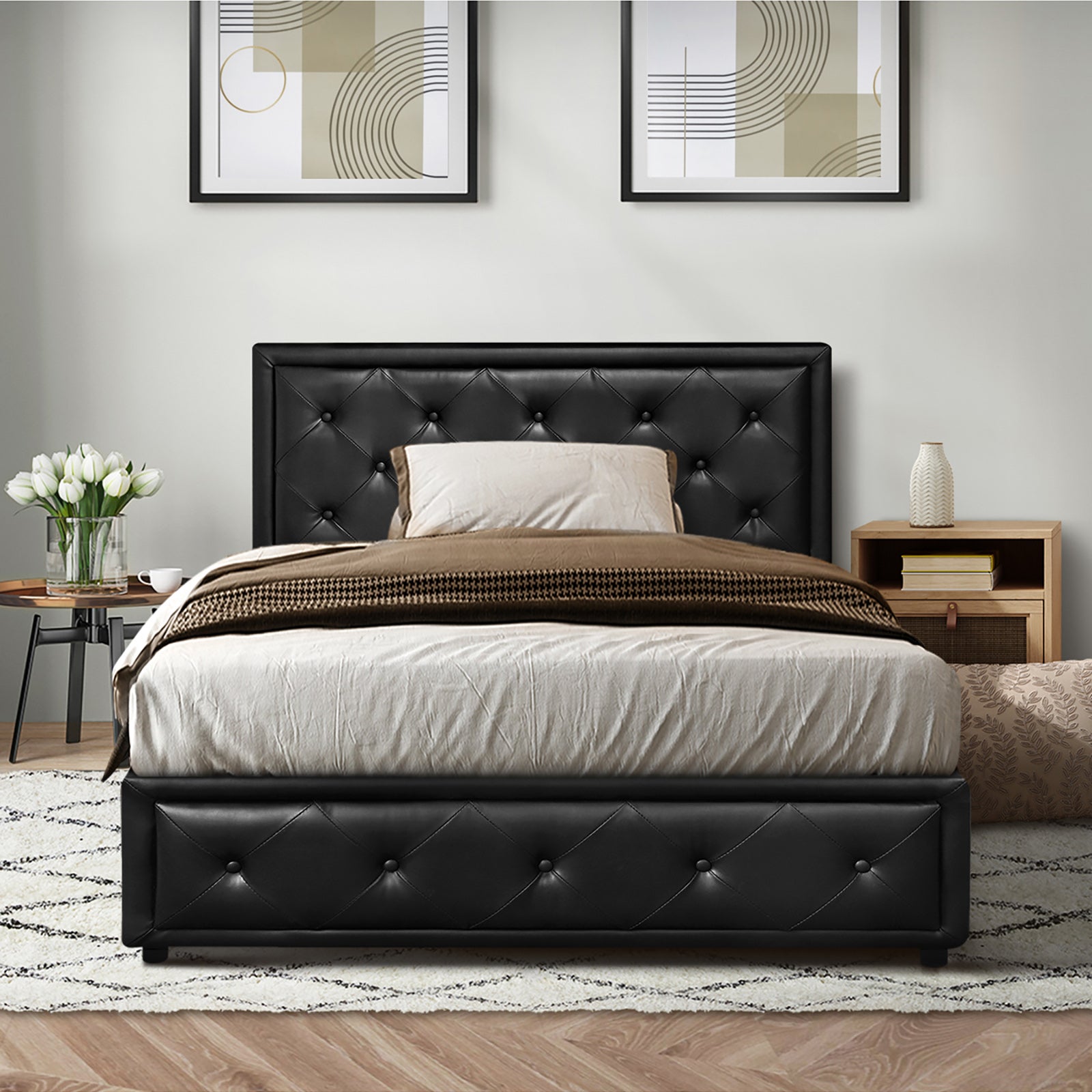 Oikiture Bed Frame King Single Size Gas Lift Base With Storage Black Leather - Sunyee
