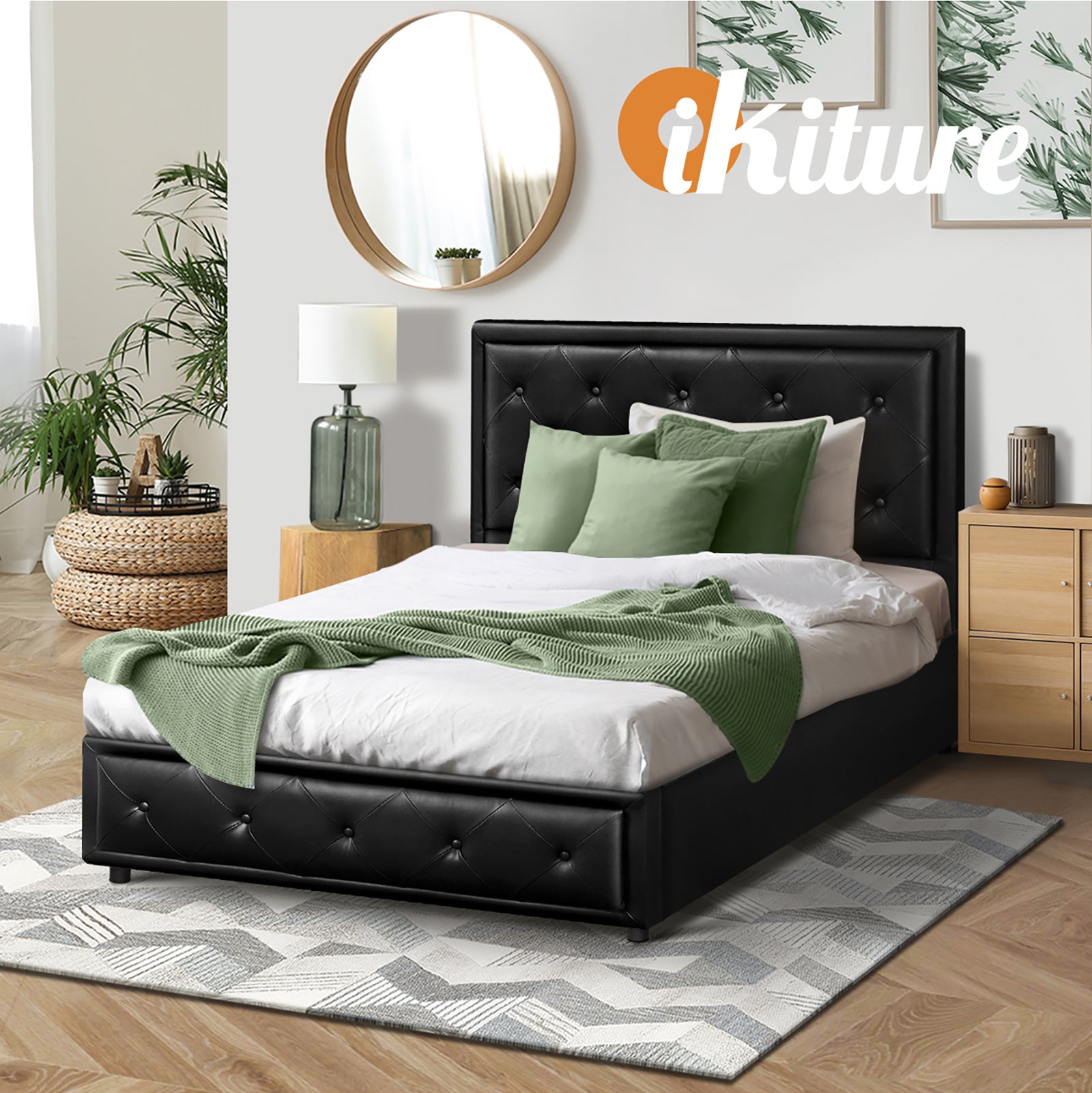 Oikiture Bed Frame King Single Size Gas Lift Base With Storage Black Leather - Sunyee