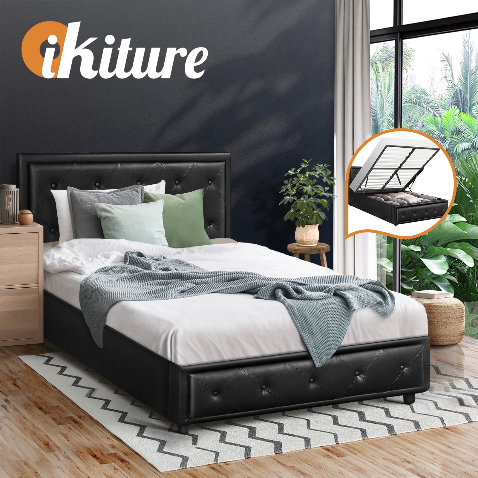 Oikiture Bed Frame King Single Size Gas Lift Base With Storage Black Leather - Sunyee