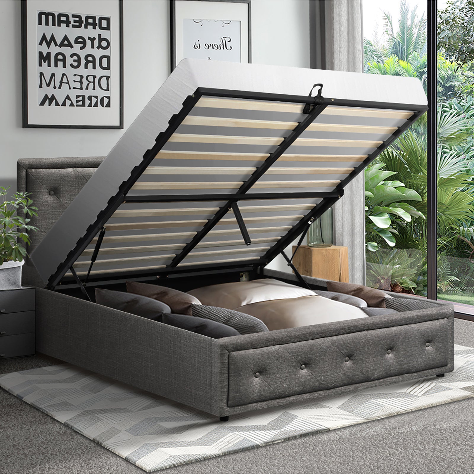 Oikiture Bed Frame King Single Size Gas Lift Base With Storage Grey Fabric - Sunyee