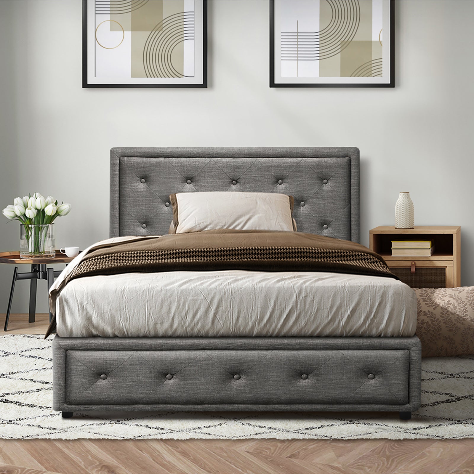 Oikiture Bed Frame King Single Size Gas Lift Base With Storage Grey Fabric - Sunyee