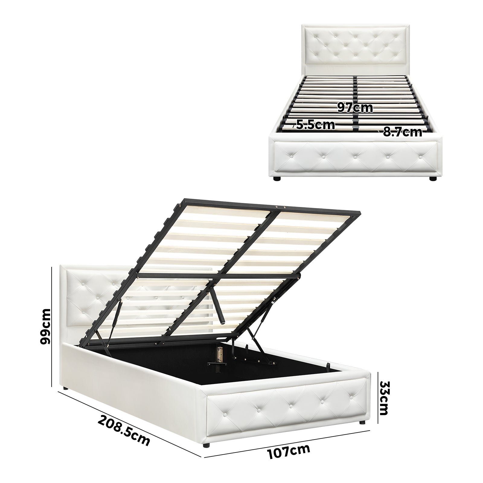 Oikiture Bed Frame King Single Size Gas Lift Base With Storage White Leather - Sunyee