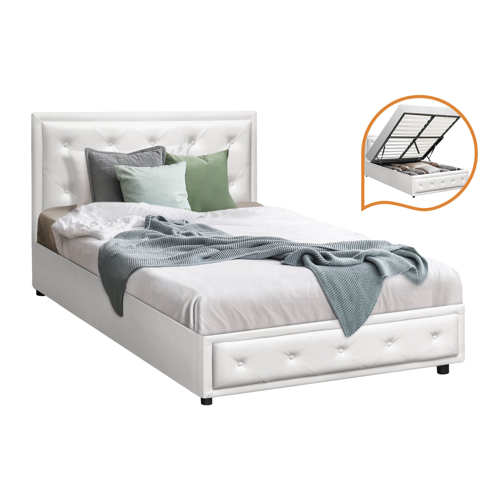 Oikiture Bed Frame King Single Size Gas Lift Base With Storage White Leather - Sunyee
