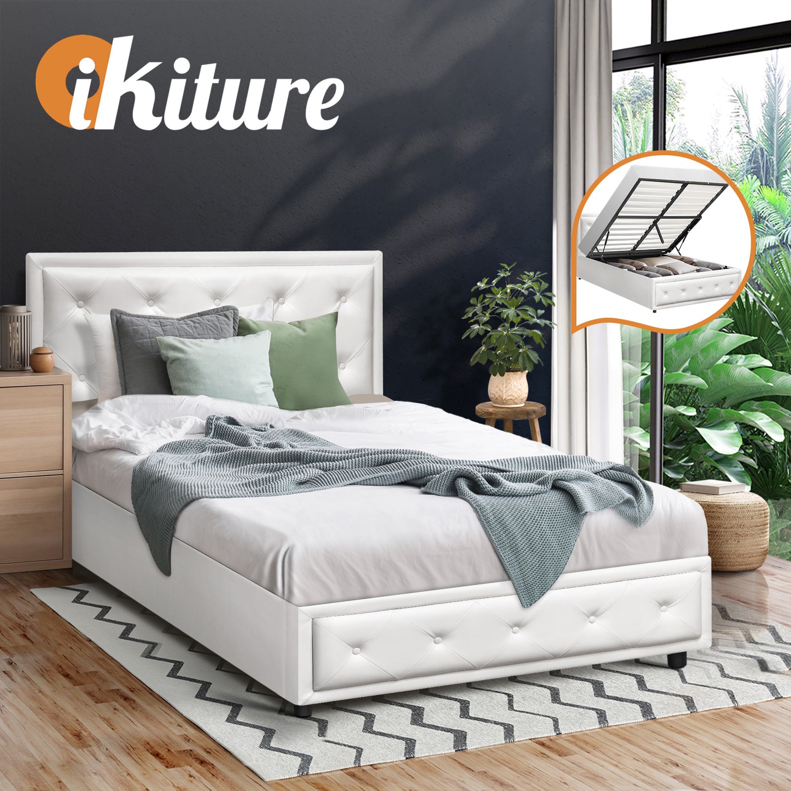 Oikiture Bed Frame King Single Size Gas Lift Base With Storage White Leather - Sunyee