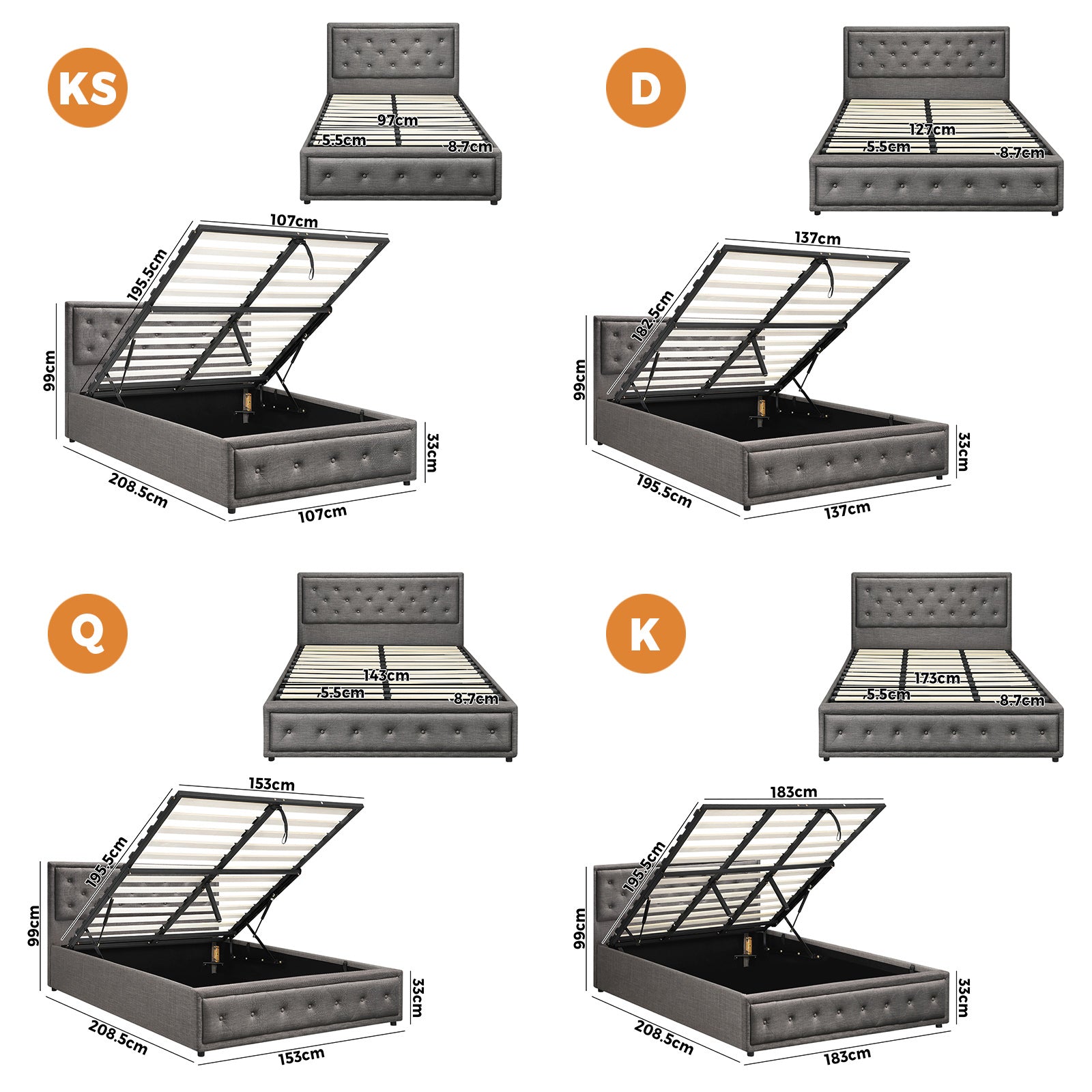Oikiture Bed Frame Queen Double King Single Size Gas Lift Base With Storage - Sunyee