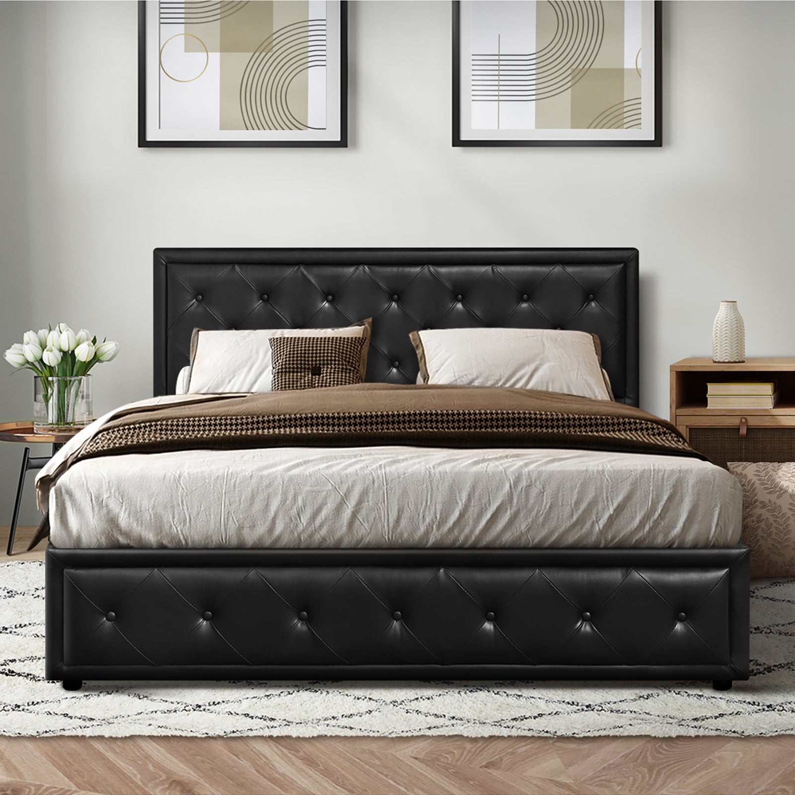 Oikiture Bed Frame Queen Size Gas Lift Base With Storage Black Leather - Sunyee