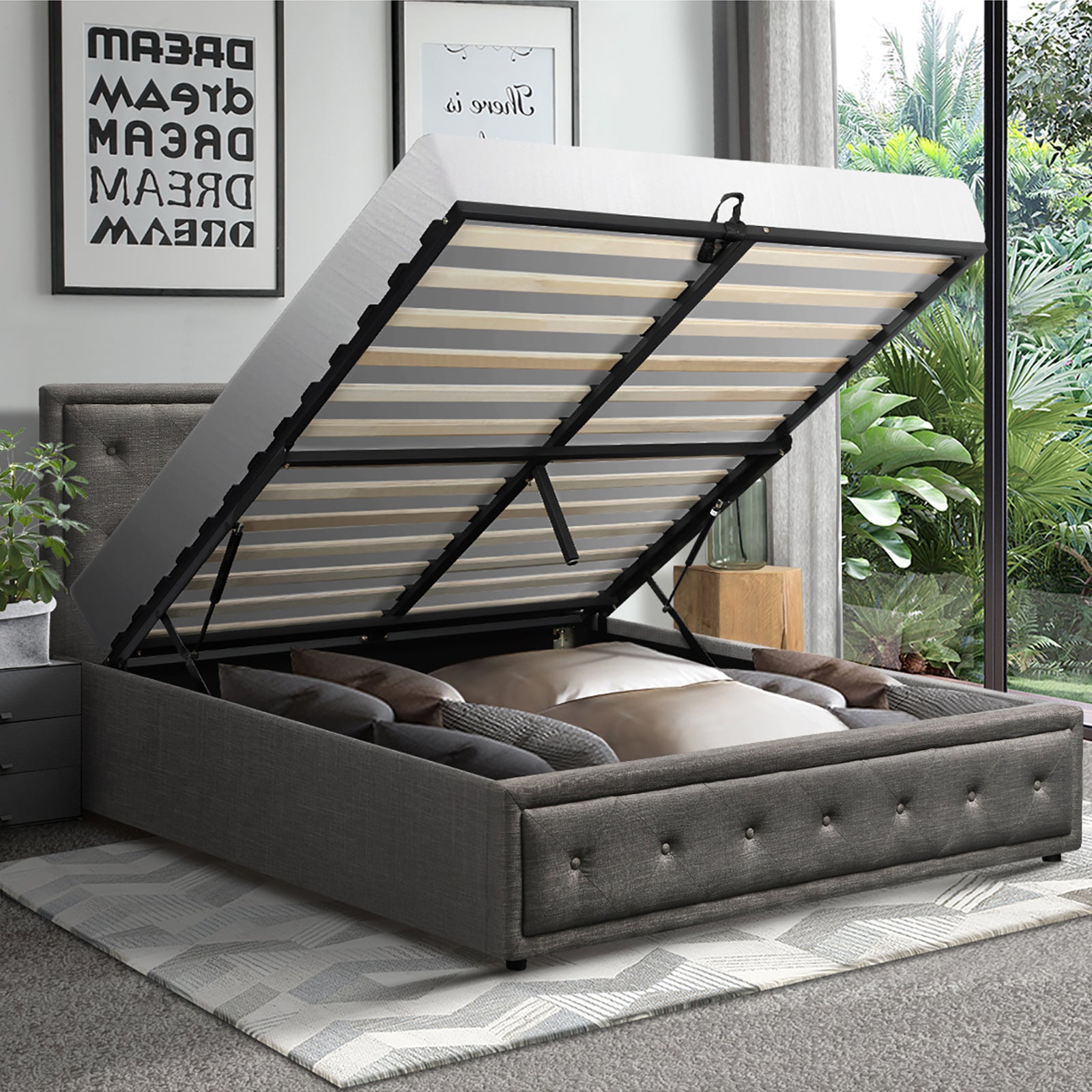 Oikiture Bed Frame Queen Size Gas Lift Base With Storage Grey Fabric - Sunyee
