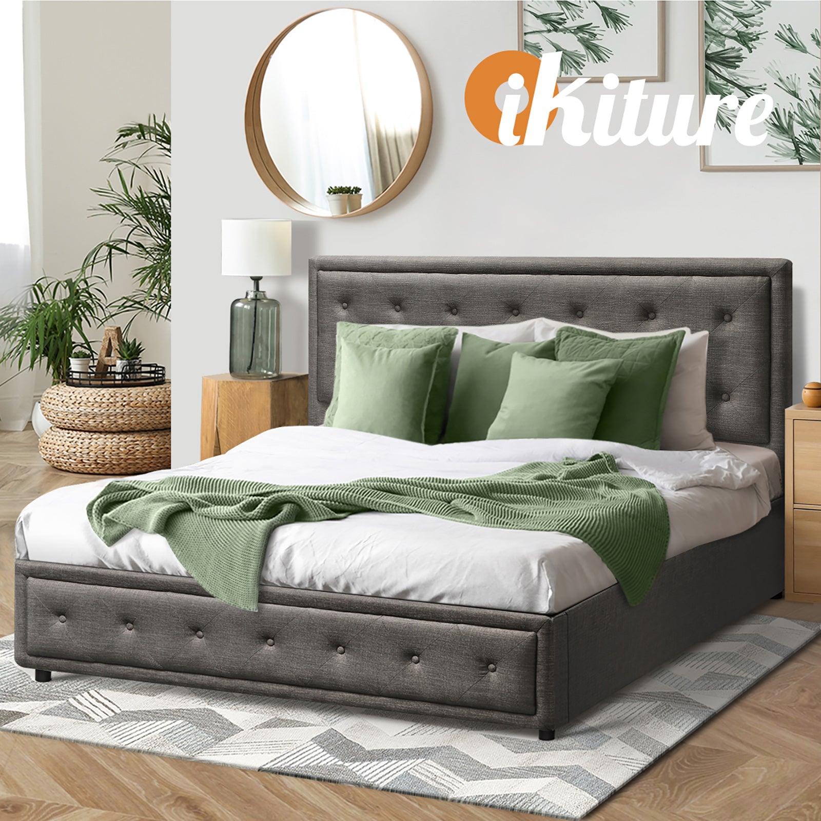 Oikiture Bed Frame Queen Size Gas Lift Base With Storage Grey Fabric - Sunyee