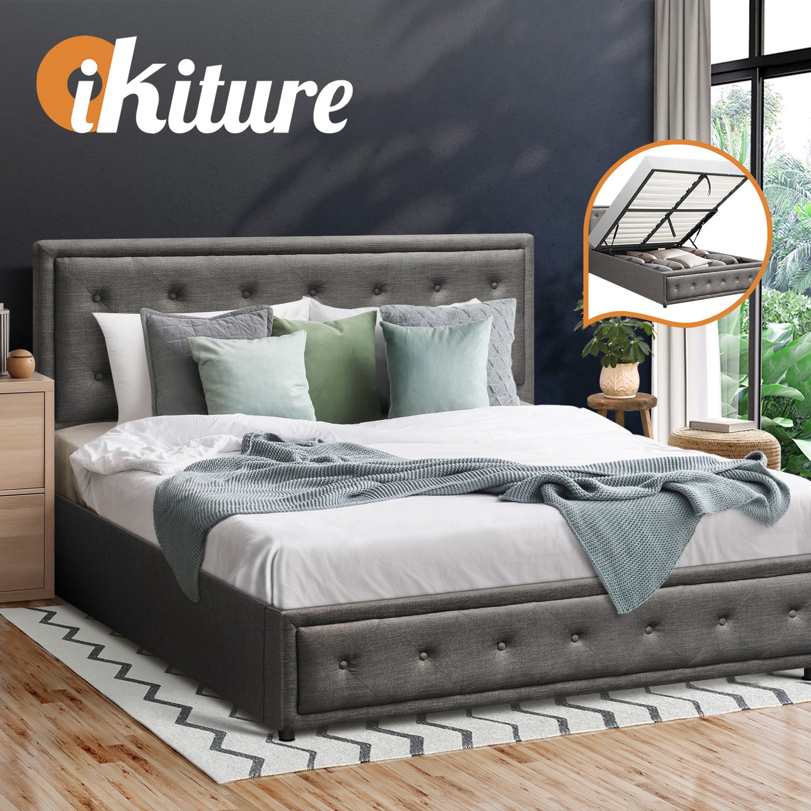 Oikiture Bed Frame Queen Size Gas Lift Base With Storage Grey Fabric - Sunyee