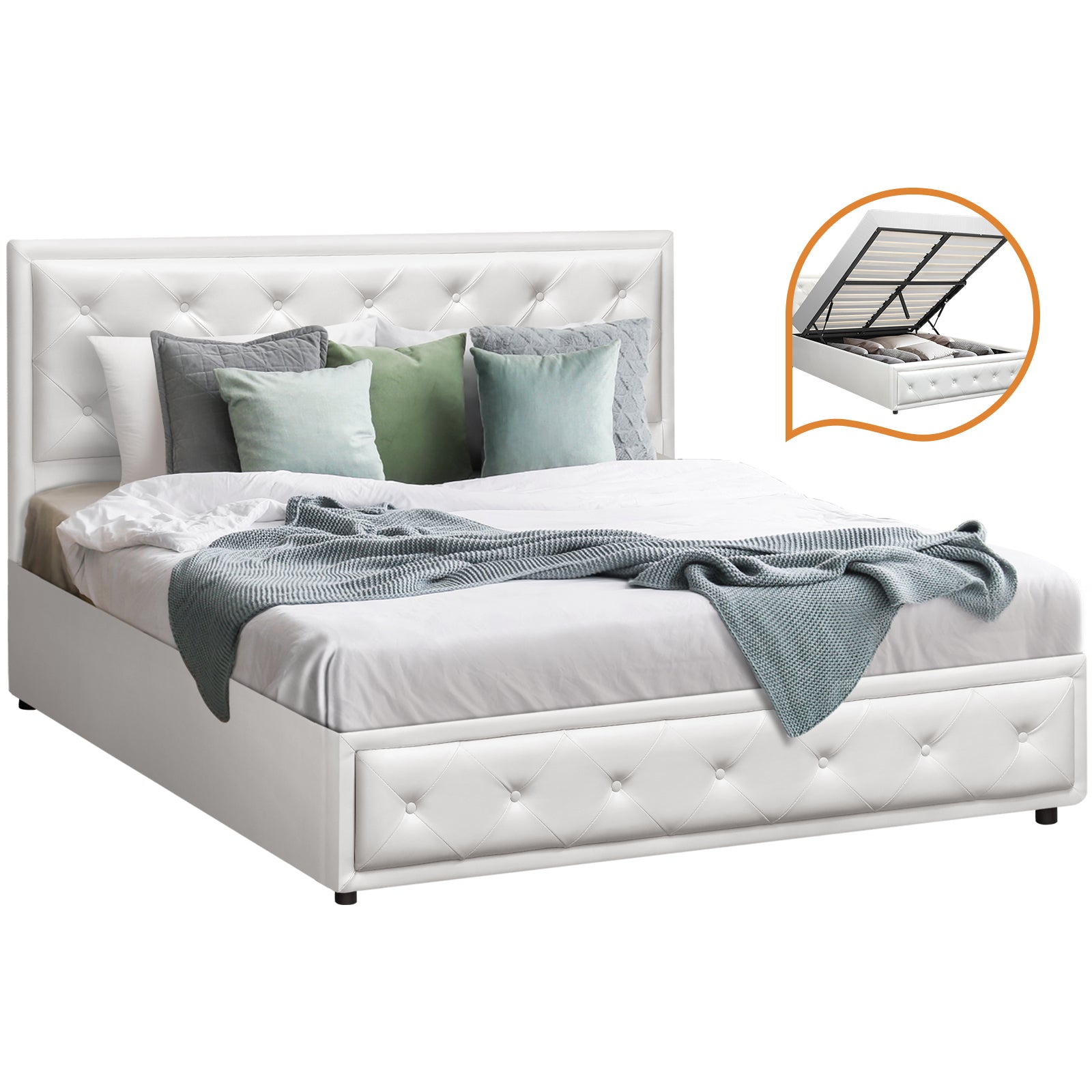 Oikiture Bed Frame Queen Size Gas Lift Base With Storage White Leather - Sunyee