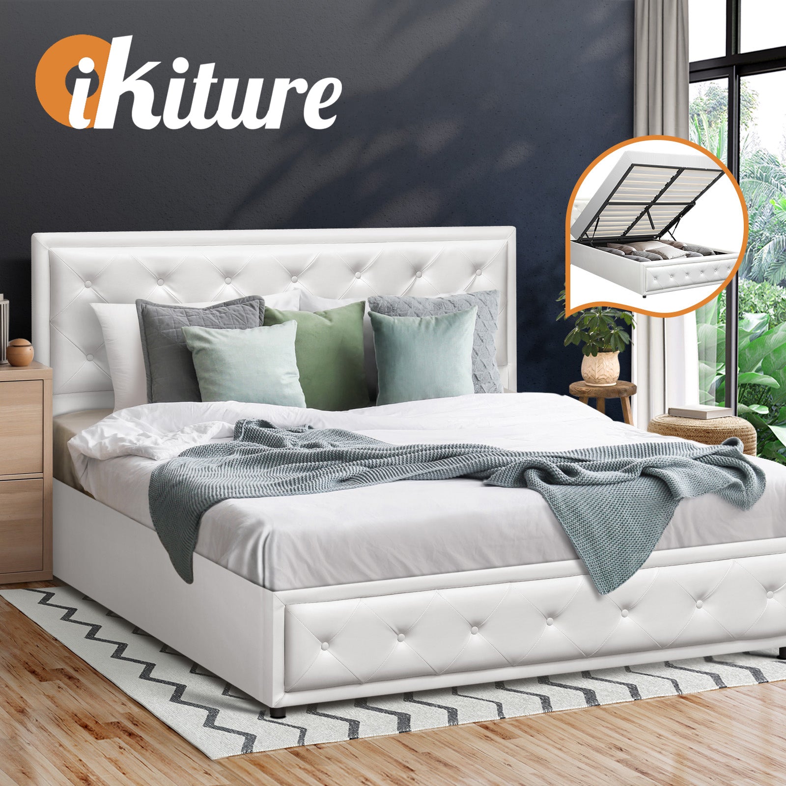 Oikiture Bed Frame Queen Size Gas Lift Base With Storage White Leather - Sunyee
