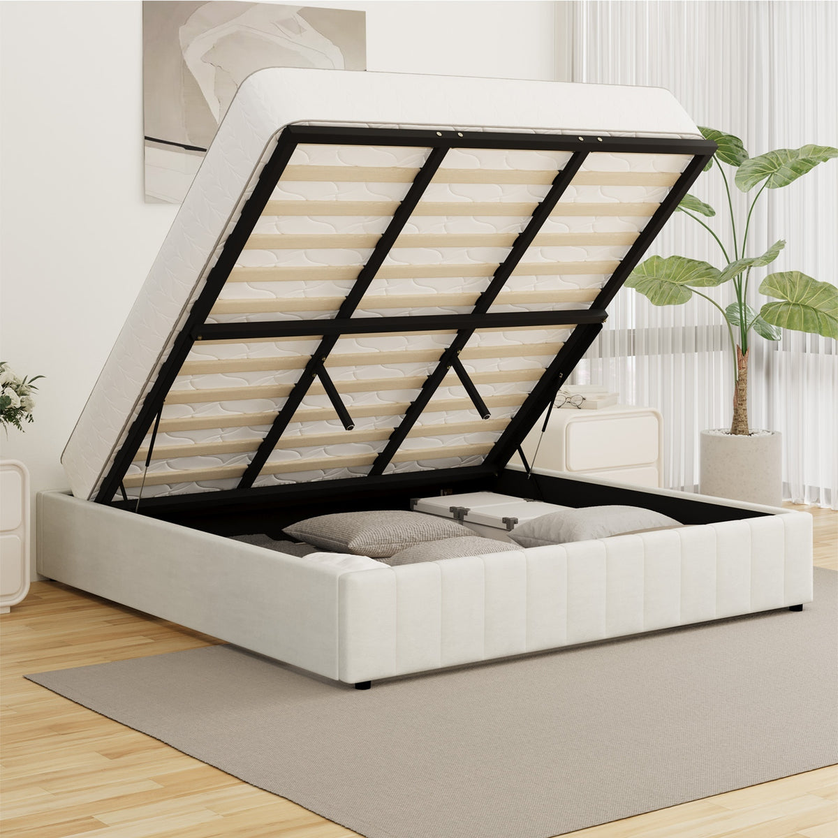 Oikiture Bed Frame King Size Gas Lift Storage Base Velvet Cream FURB - Sunyee