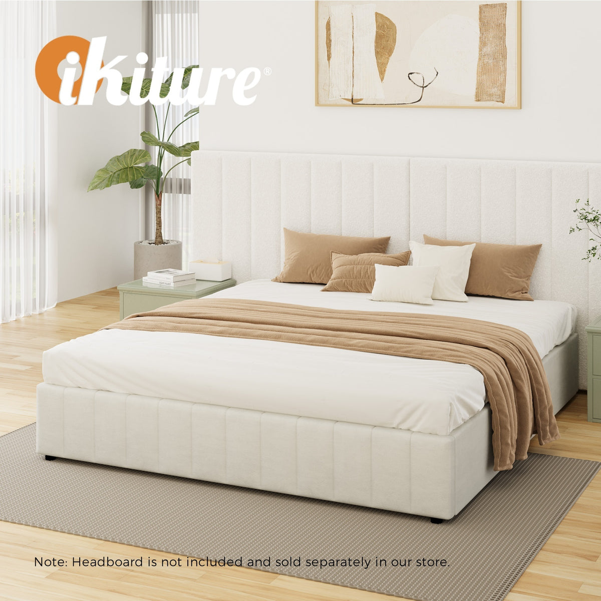 Oikiture Bed Frame King Size Gas Lift Storage Base Velvet Cream FURB - Sunyee