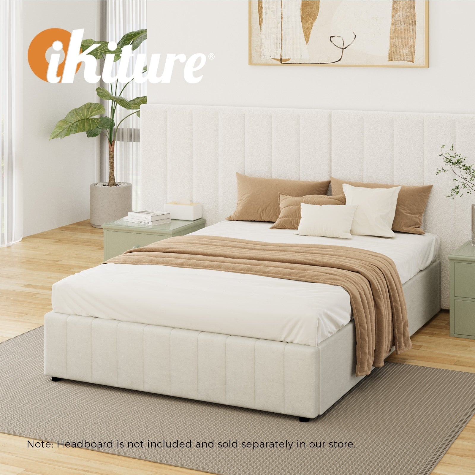Oikiture Bed Frame Queen Size Gas Lift Storage Base Velvet Cream FURB - Sunyee
