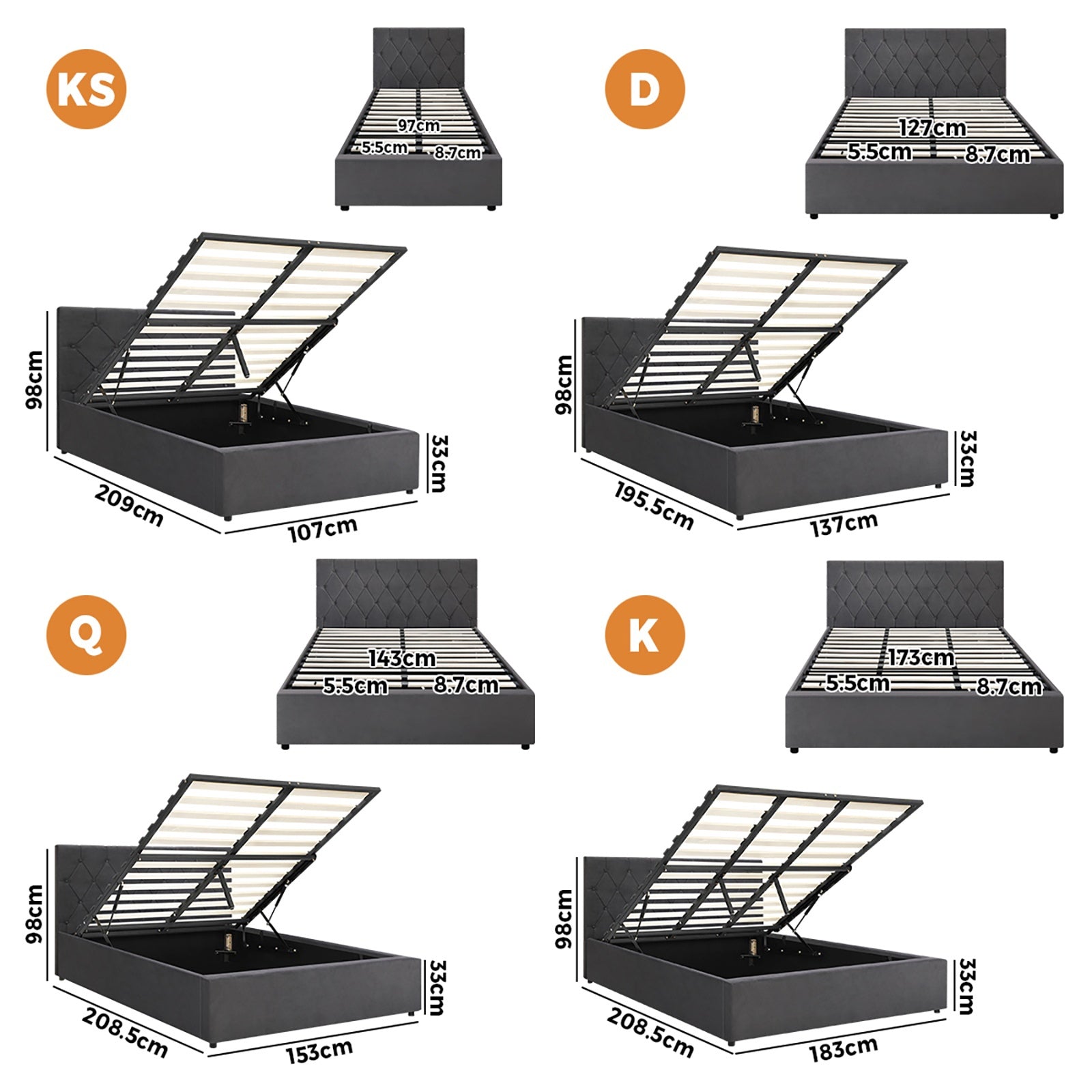 Oikiture Bed Frame Queen Double King Single Gas Lift Bed With Storage - Sunyee