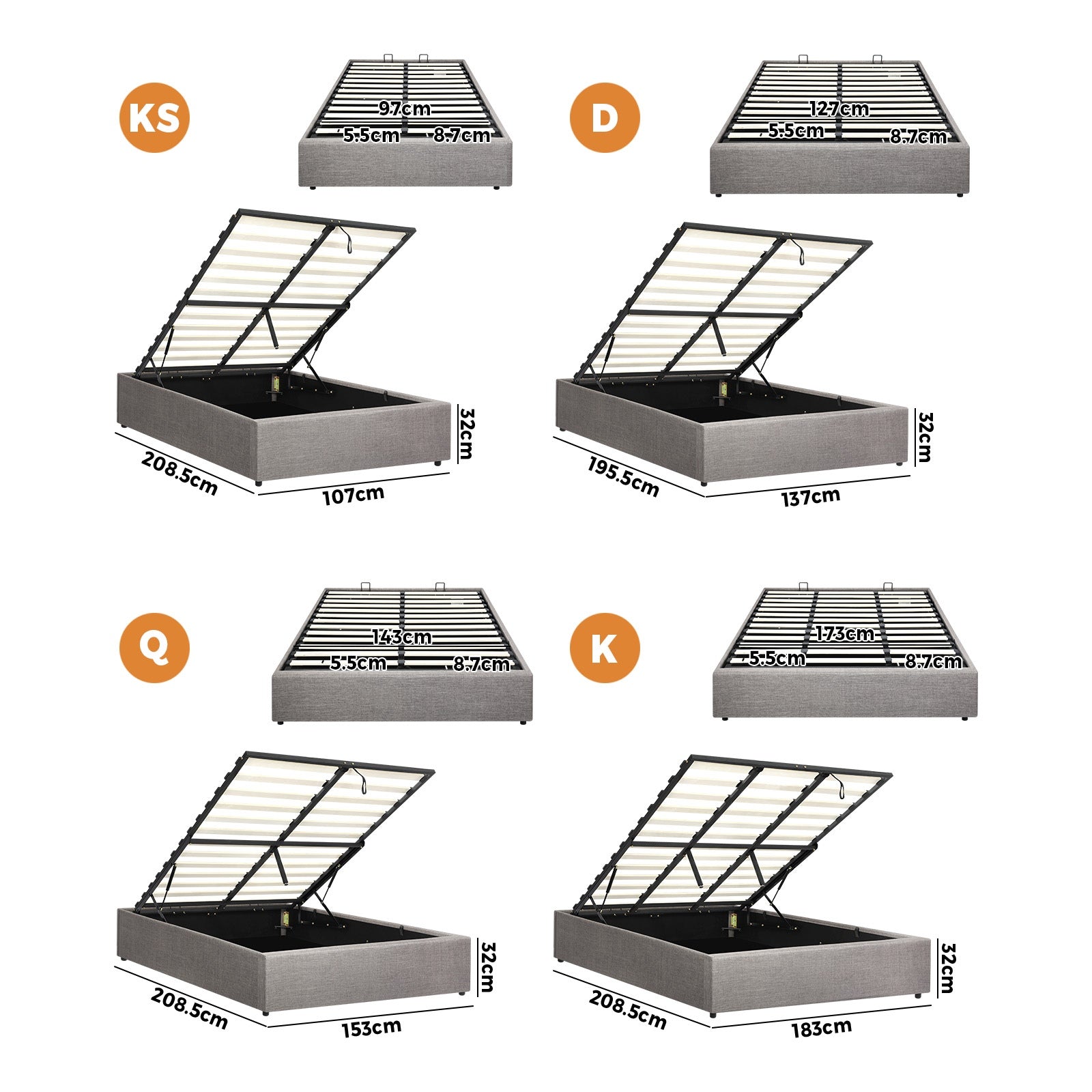 Oikiture Bed Frame Queen Double King Single Gas Lift Storage Beds - Sunyee
