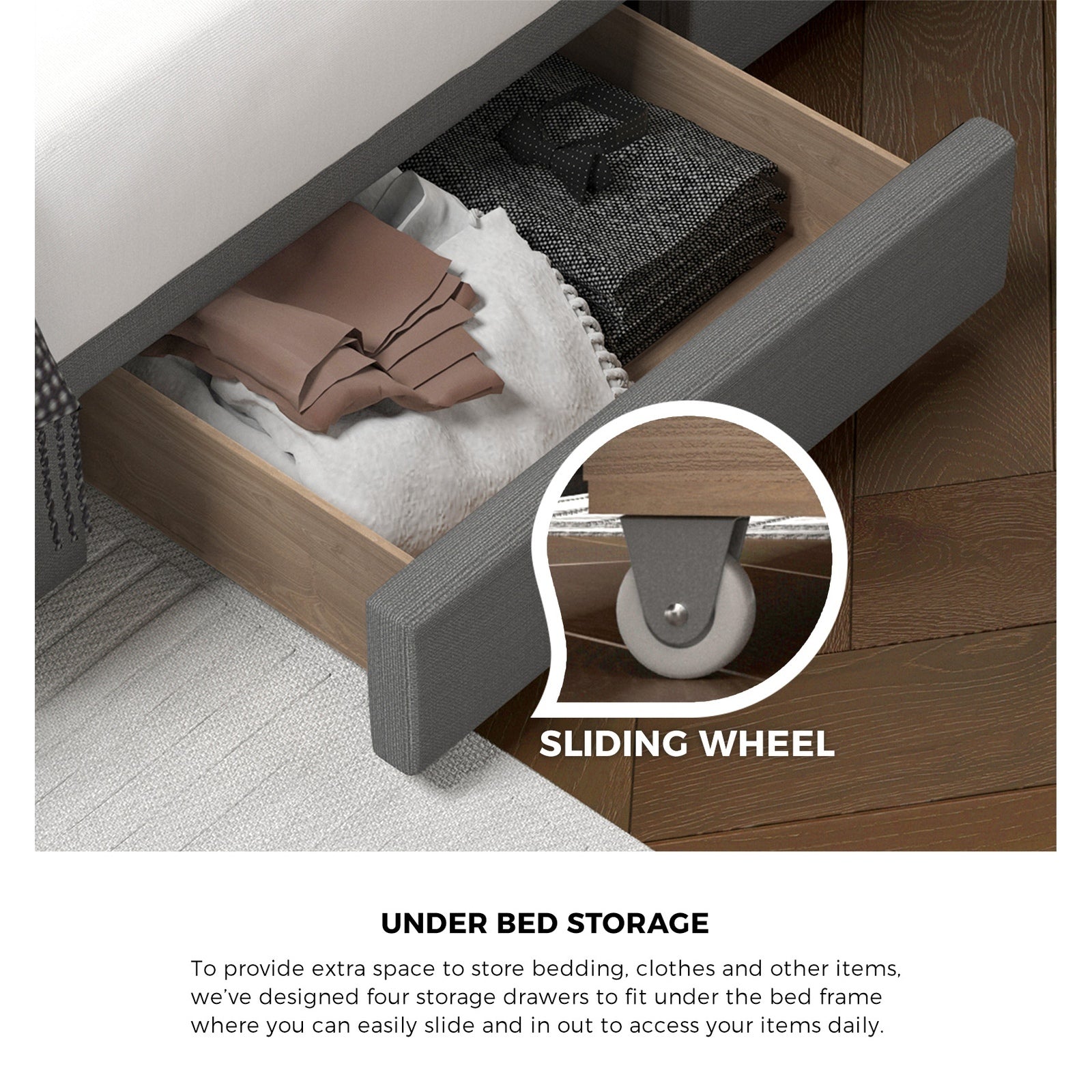 Oikiture Bed Frame Double Size Base With Storage Drawers - Sunyee