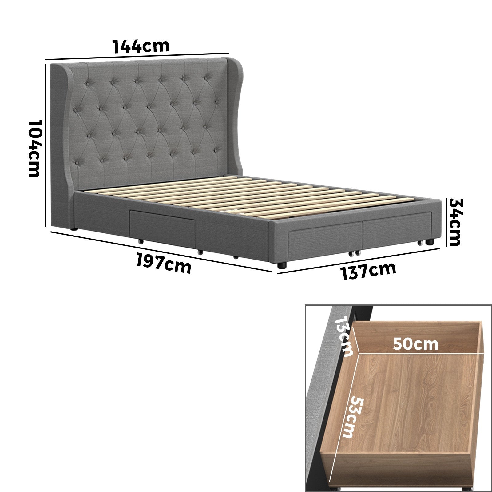 Oikiture Bed Frame Double Size Base With Storage Drawers - Sunyee