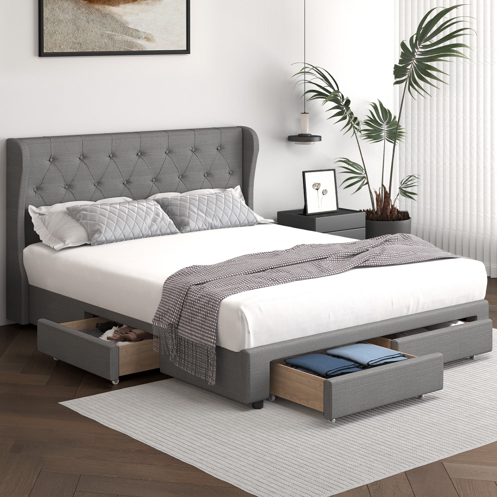 Oikiture Bed Frame Queen Size Base With Storage Drawers - Sunyee