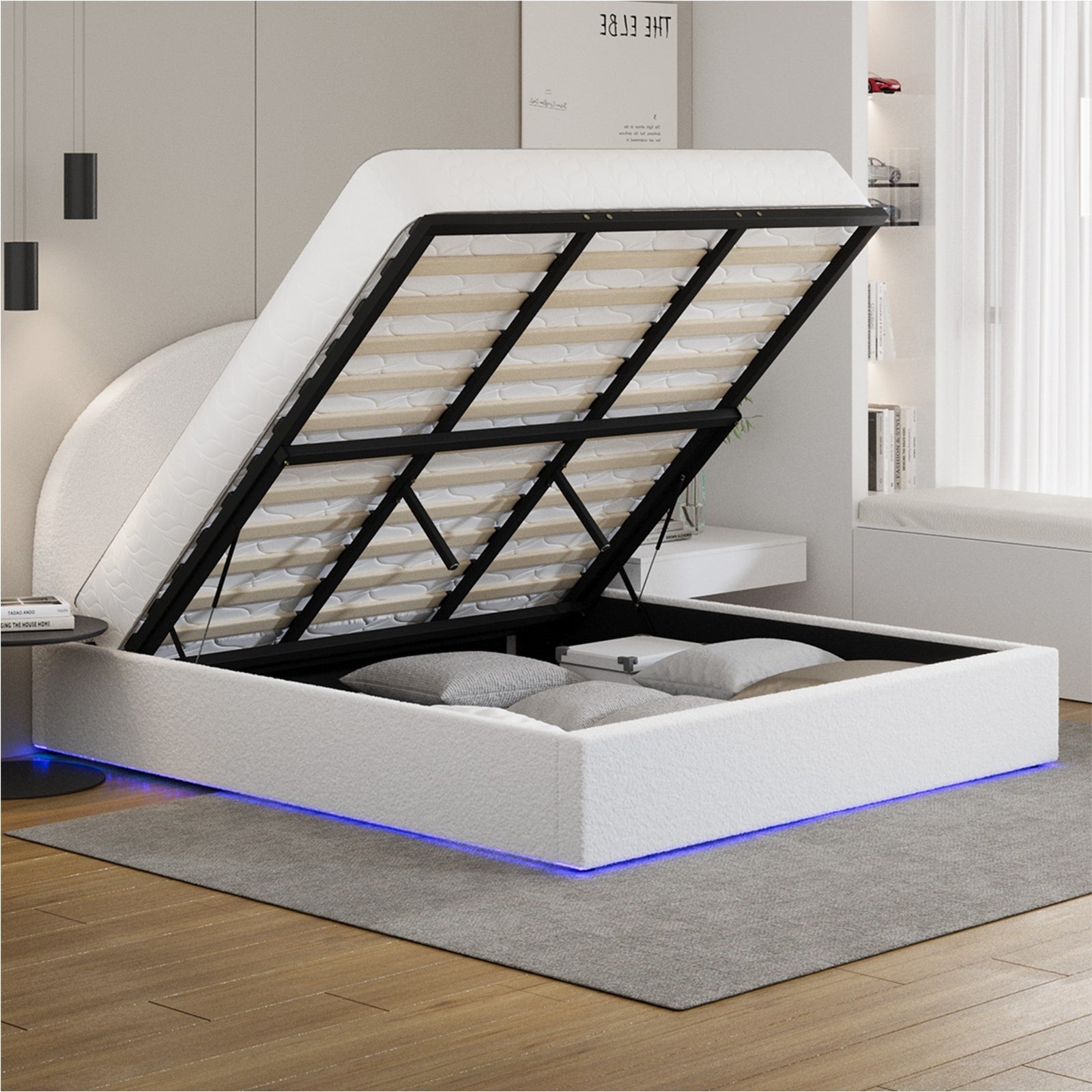 Oikiture Bed Frame King Size With Gas Lift Storage Base LED Lights Boucle White - Sunyee