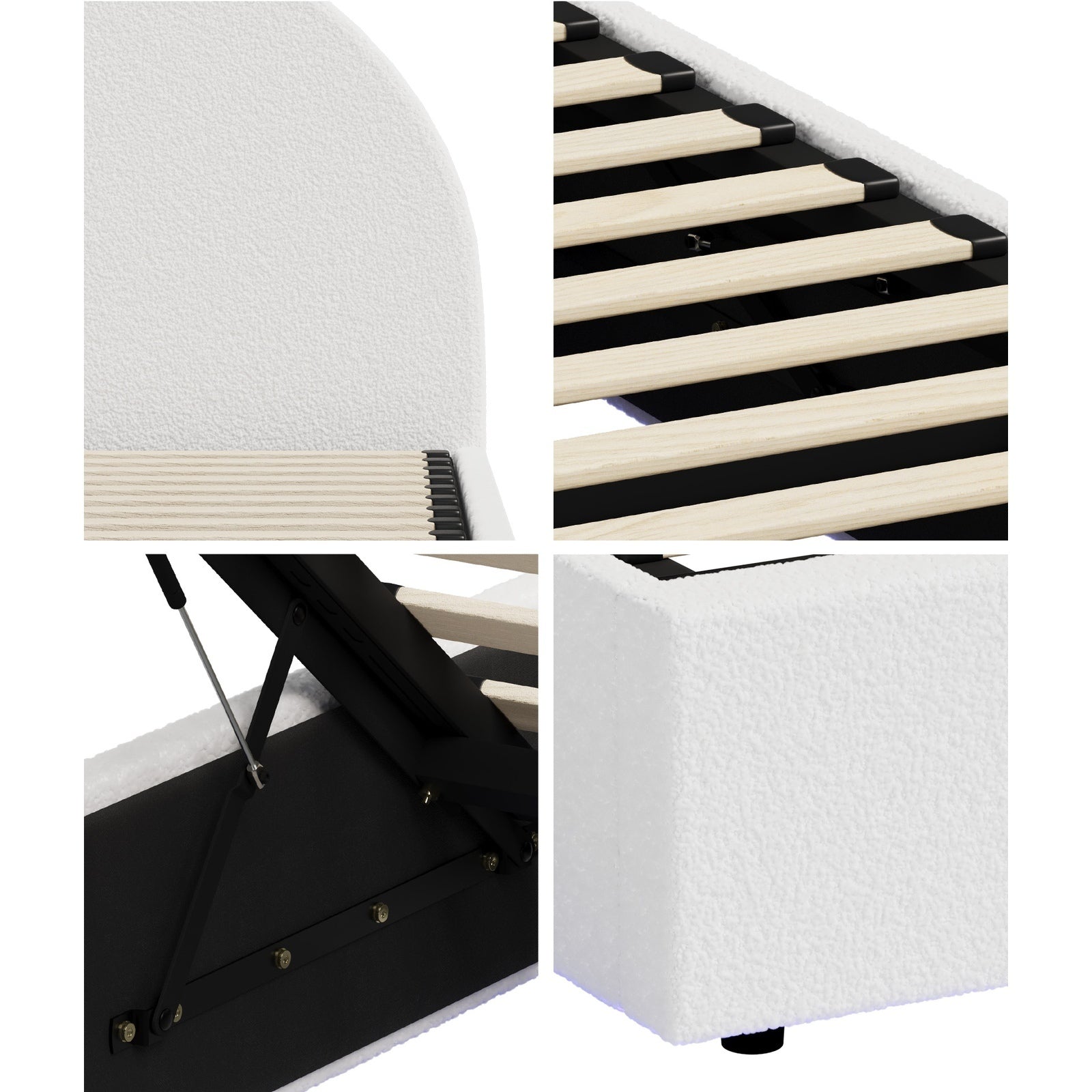 Oikiture Bed Frame King Size With Gas Lift Storage Base LED Lights Boucle White - Sunyee
