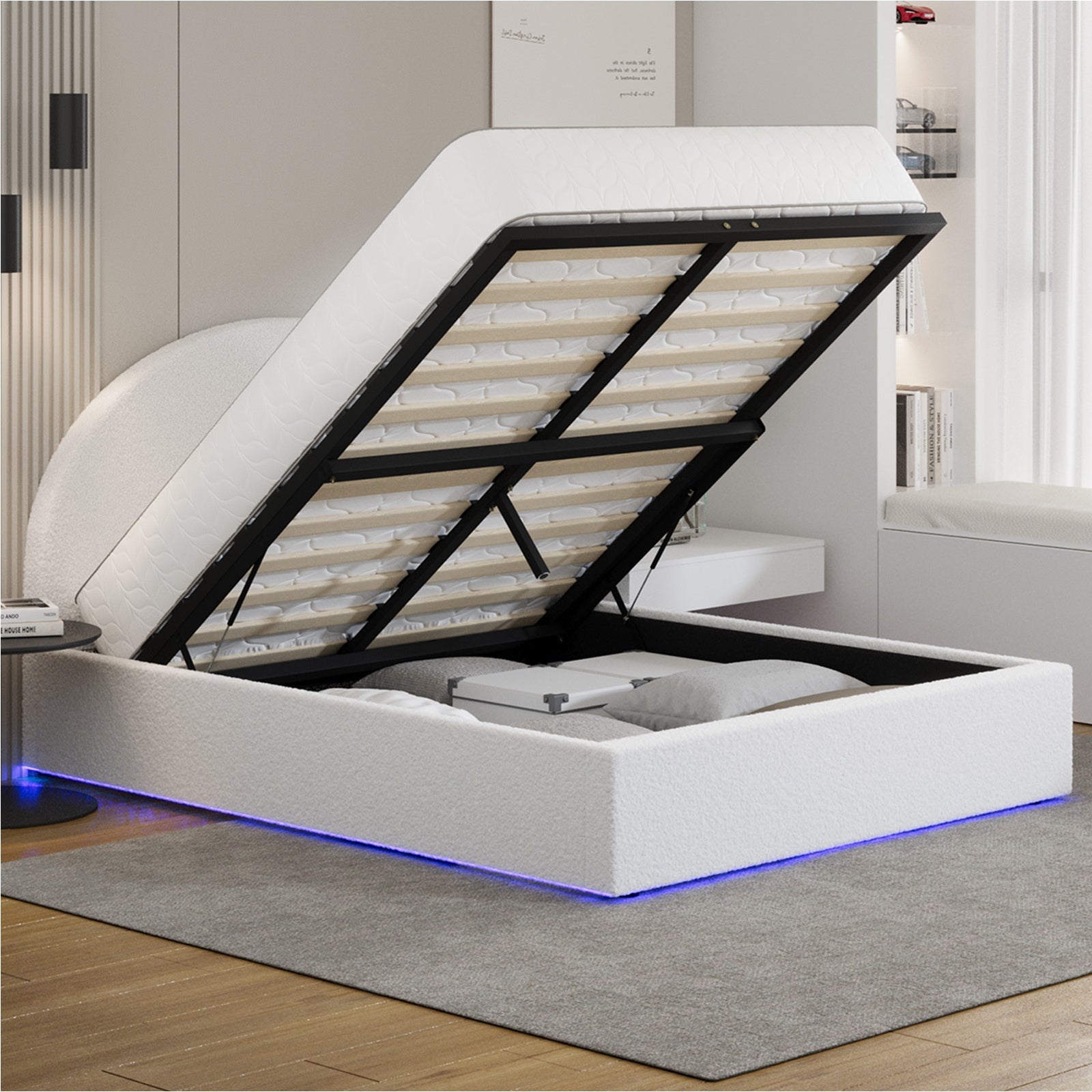 Oikiture Bed Frame Queen Size With Gas Lift Storage Base LED Lights Boucle White