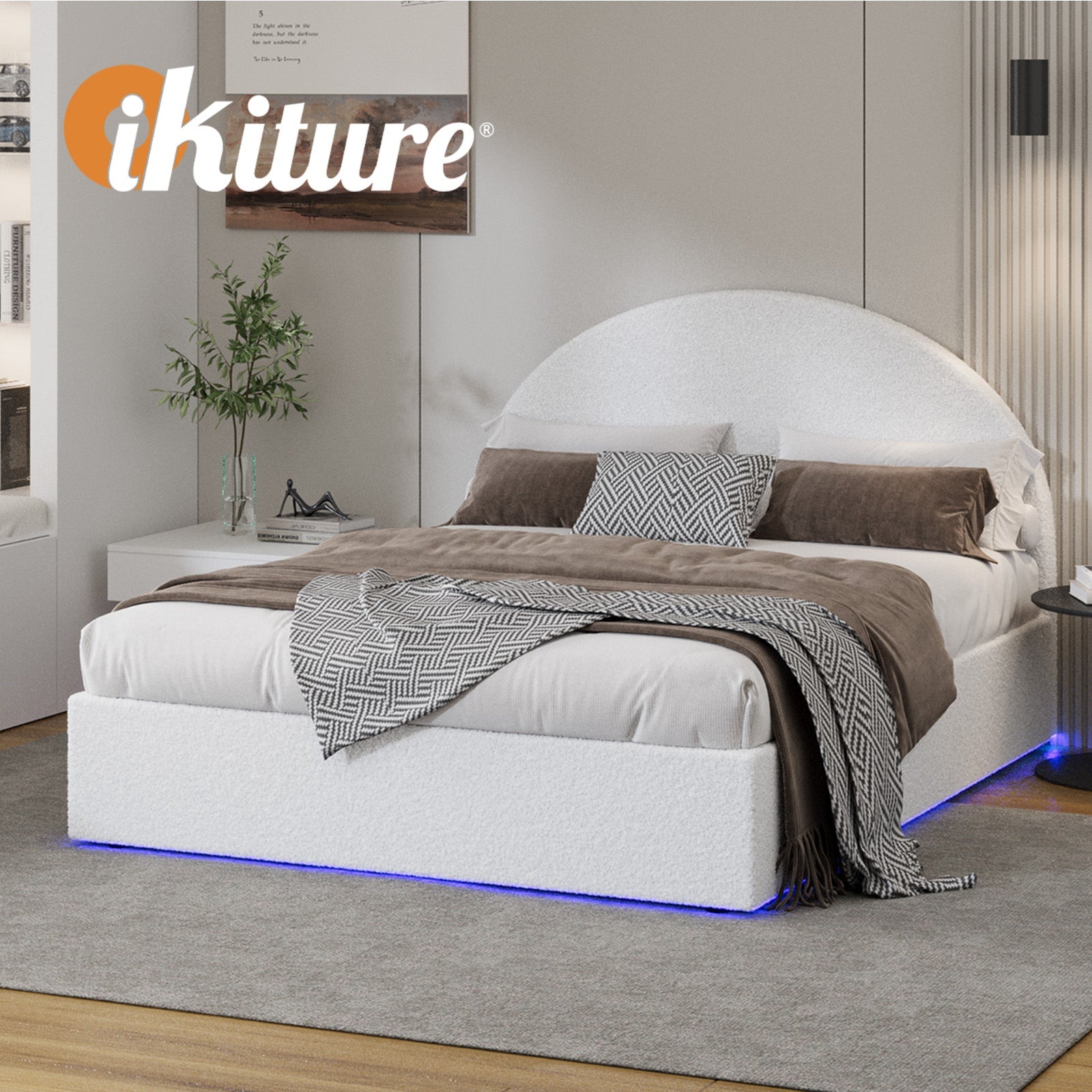 Oikiture Bed Frame Queen Size With Gas Lift Storage Base LED Lights Boucle White