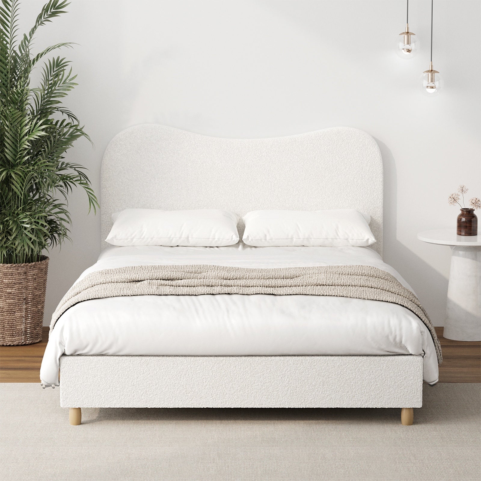 Oikiture Bed Frame Double Size White Boucle Cloud Shape - Sunyee