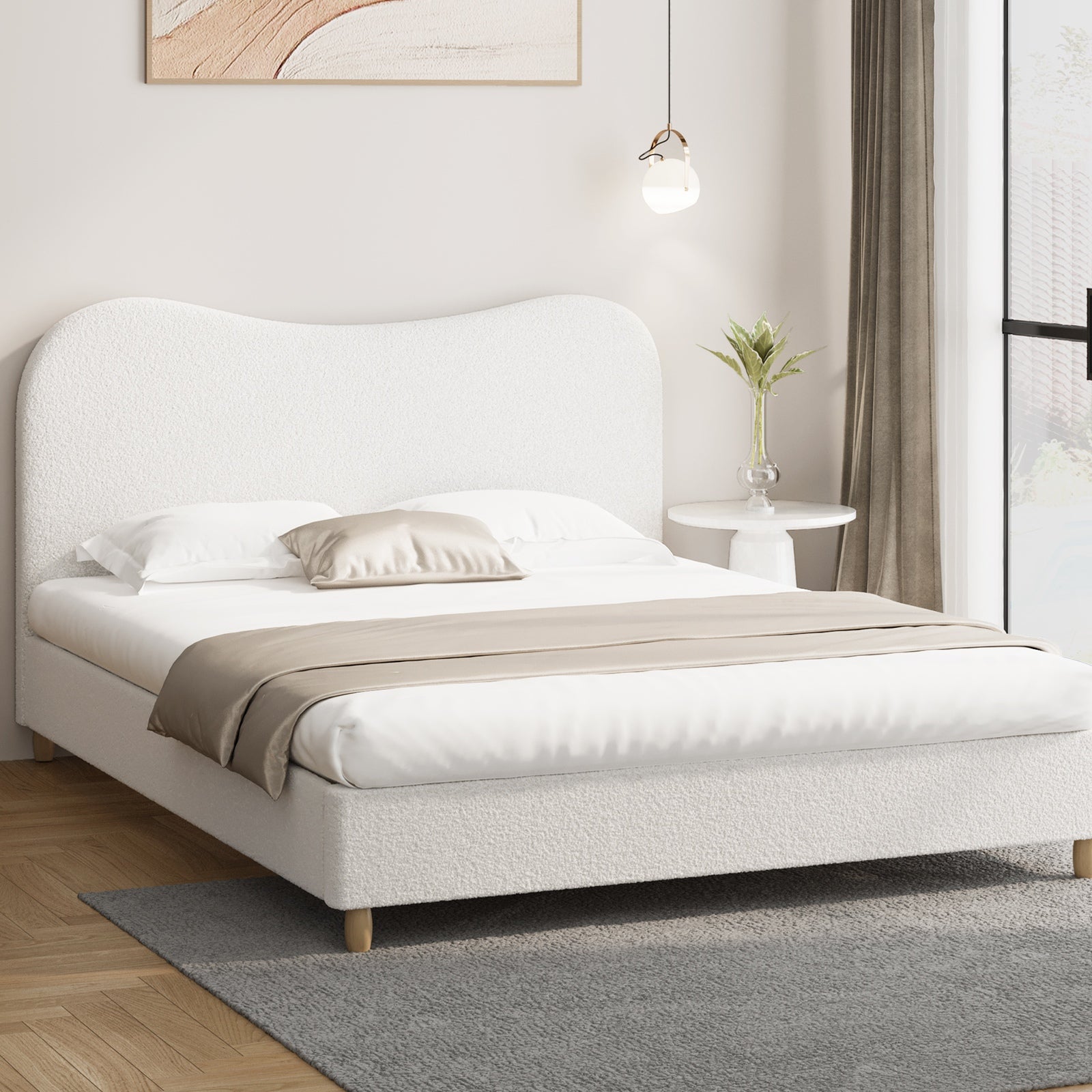Oikiture Bed Frame King Size White Boucle Cloud Shape - Sunyee