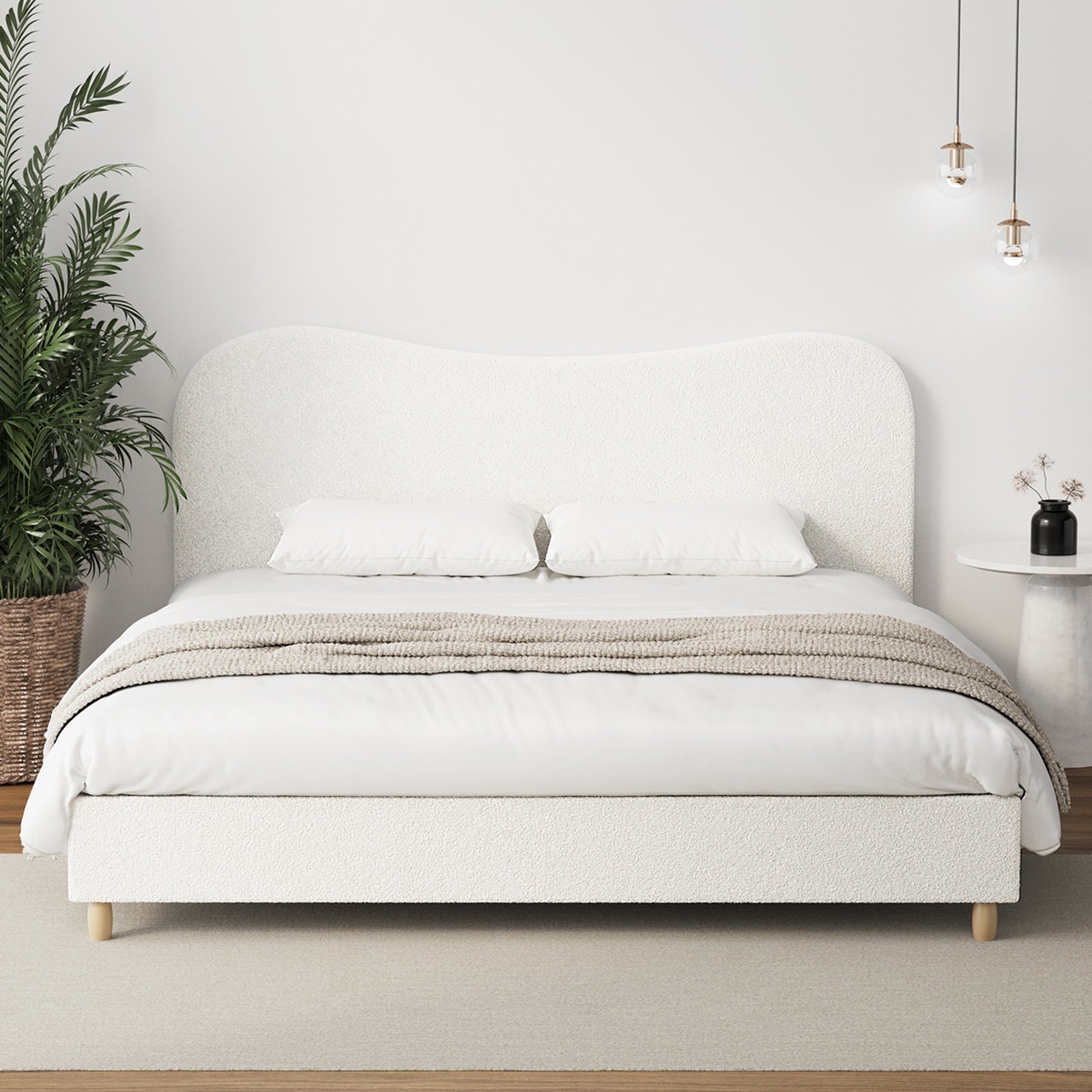 Oikiture Bed Frame King Size White Boucle Cloud Shape - Sunyee