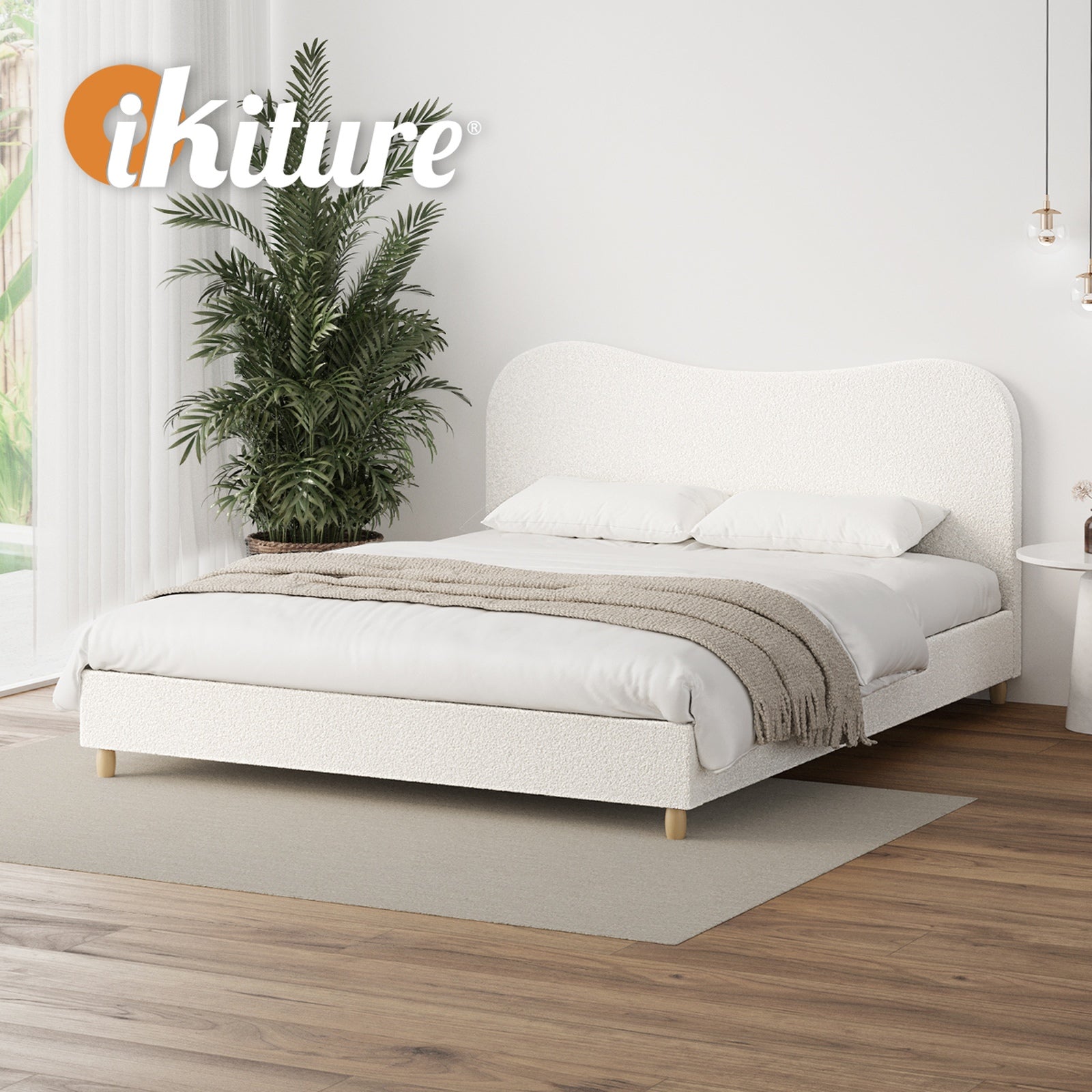 Oikiture Bed Frame King Size White Boucle Cloud Shape - Sunyee
