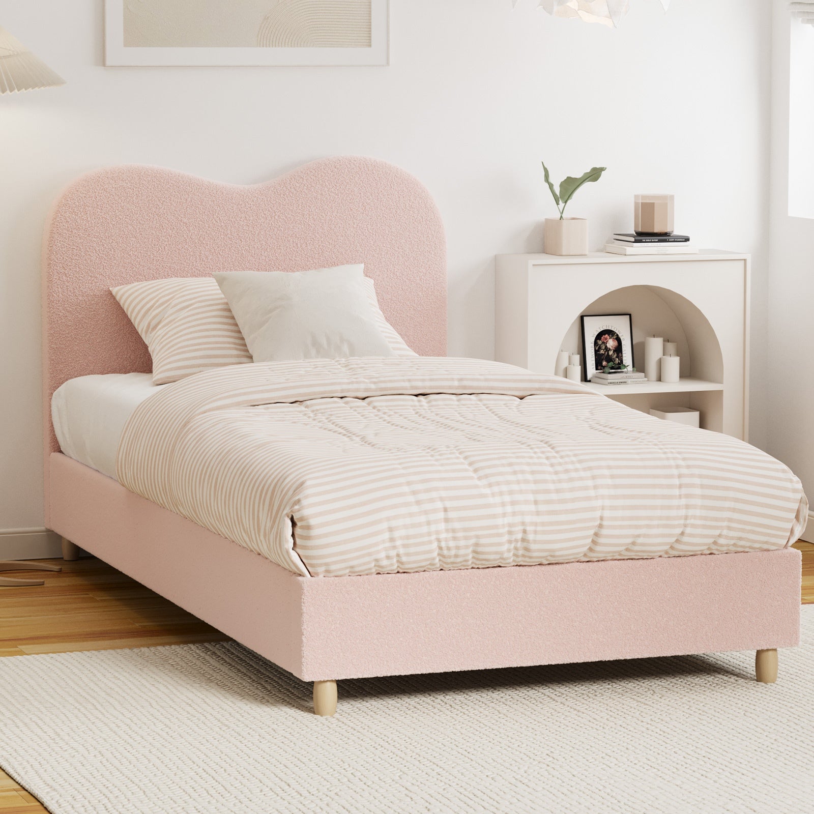 Oikiture Bed Frame King Single Size Pink Boucle Cloud Shape - Sunyee