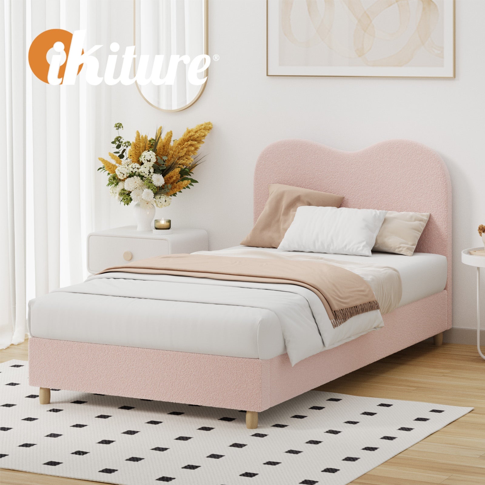 Oikiture Bed Frame King Single Size Pink Boucle Cloud Shape - Sunyee