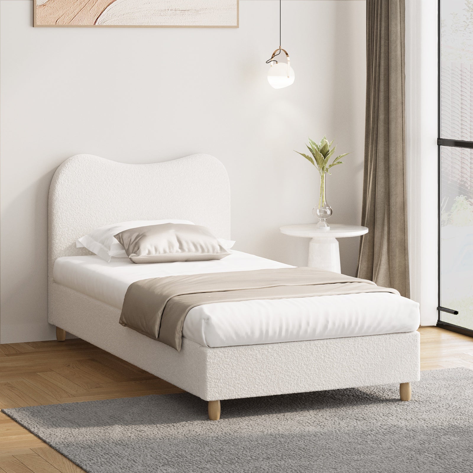 Oikiture Bed Frame King Single Size White Boucle Cloud Shape - Sunyee